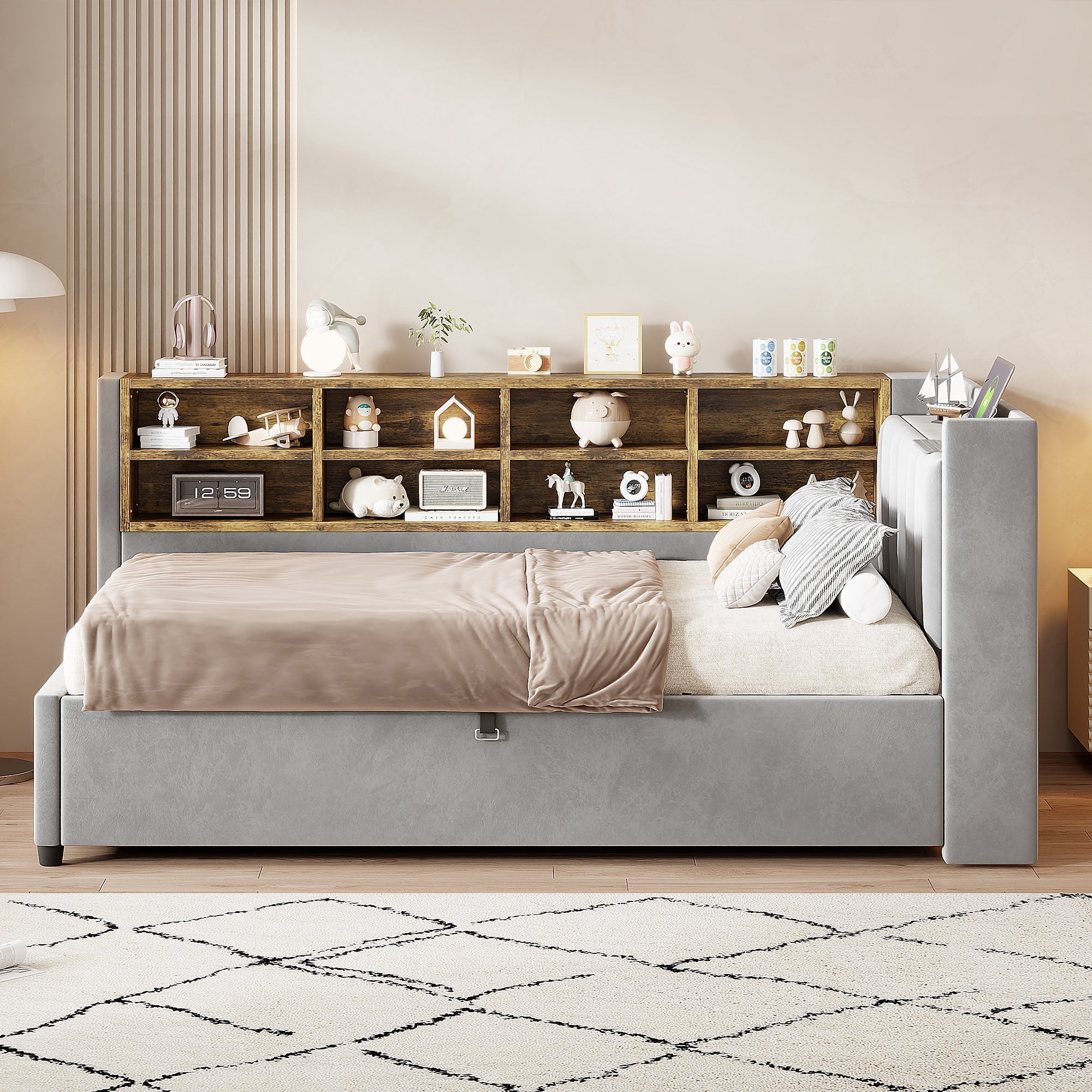 Upholstered Bed/Sofa Bed 90x200cm Hydraulic Storage USB/Type-C Charging Velvet Light Grey