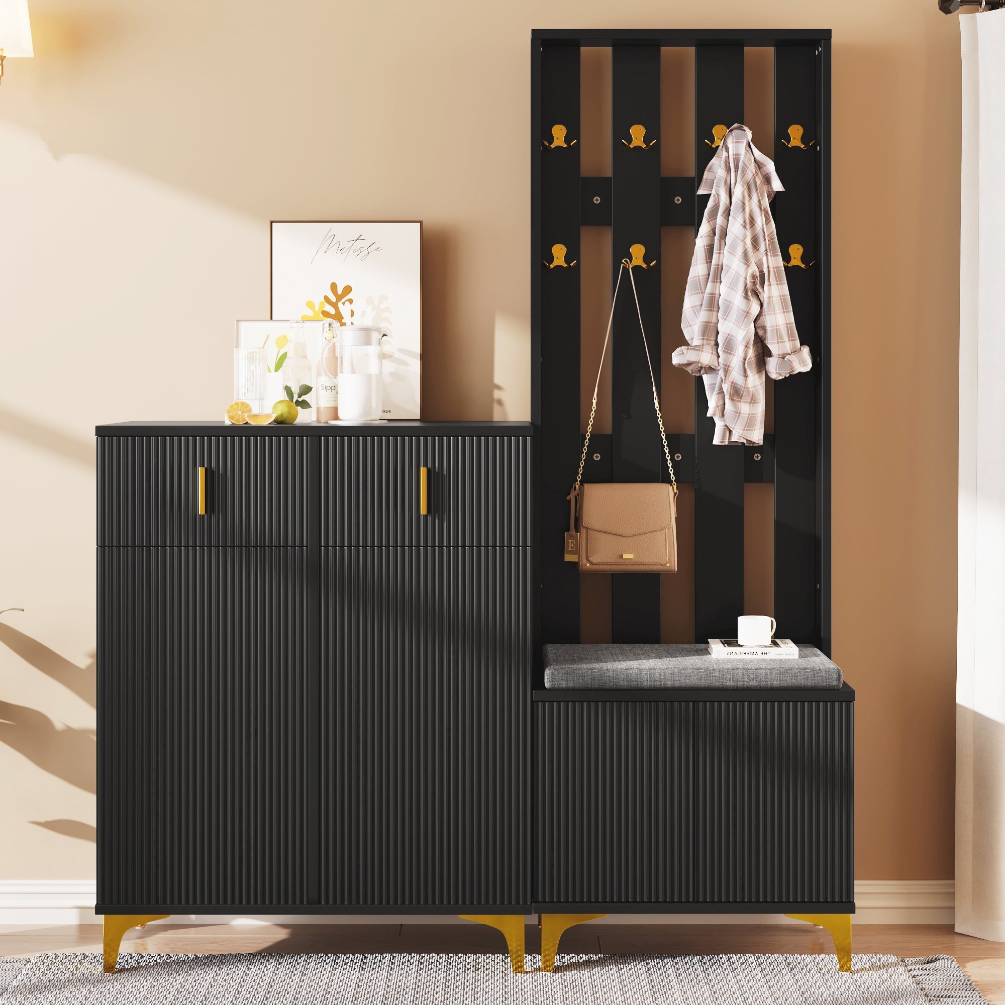 Wardrobe set with shoe bench and cushion, hooks, shoe cabinet with drawers and doors