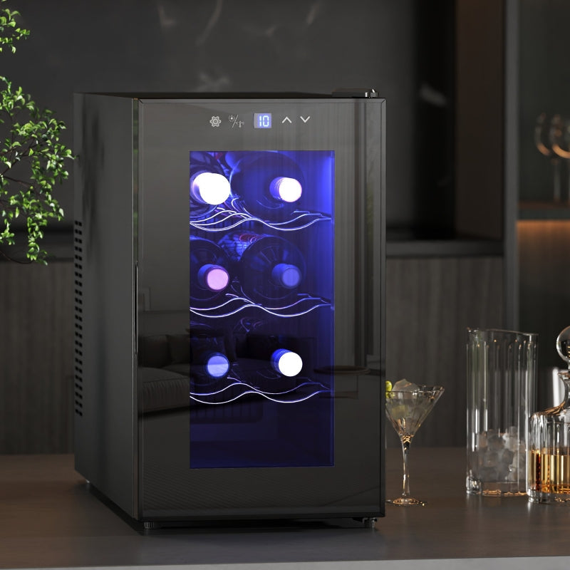 Mini Table Top Wine Fridge, 8 Bottle 17L, 8-18℃ Quiet, Glass Door LED Light Digital Touch Screen