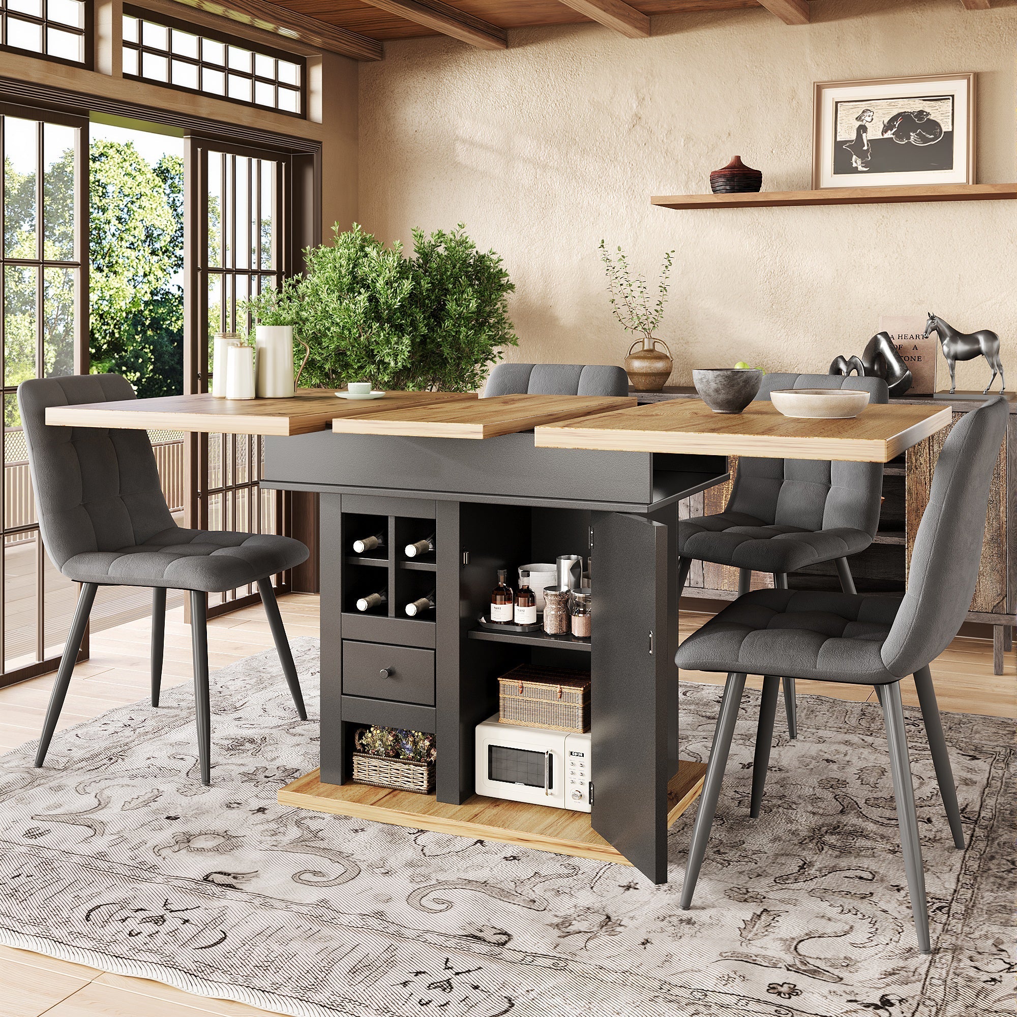 Extendable Telescopic Dining Table with Wine Rack and Drawers, MDF and Metal
