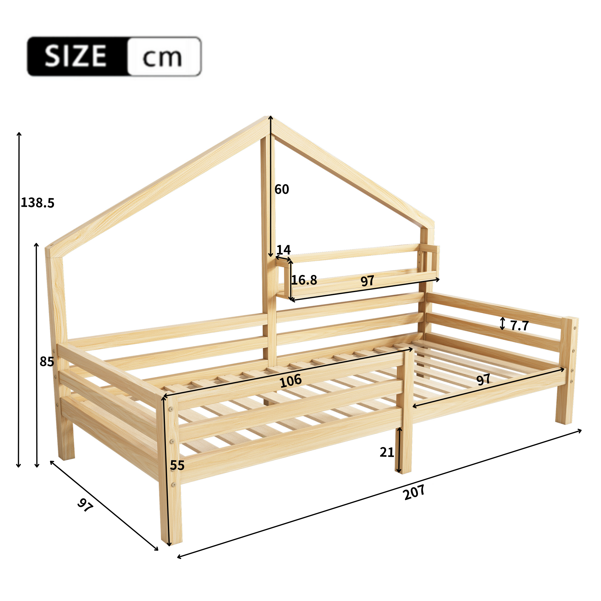House Bed 90x200cm Storage Shelf Fireplace Shape - Natural