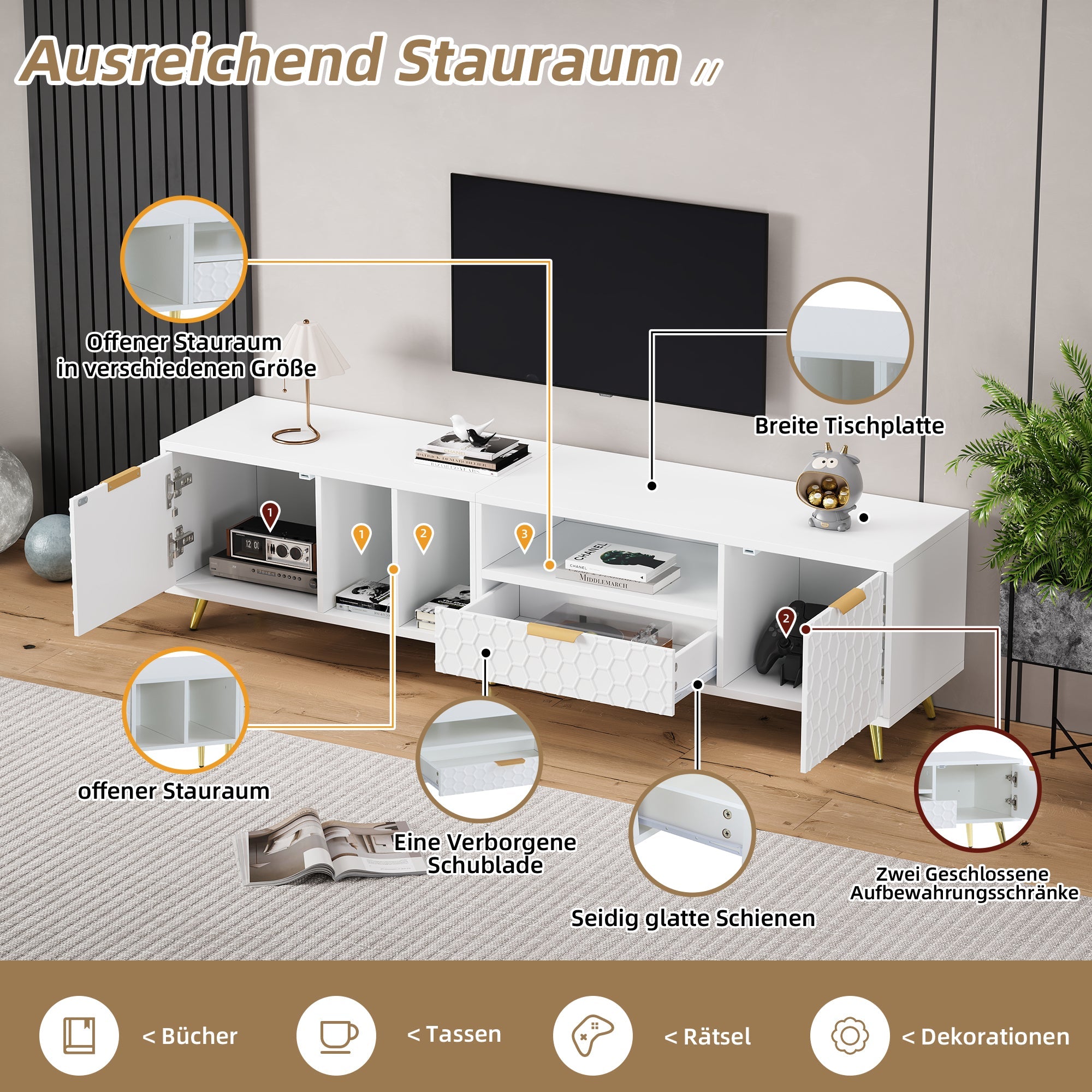 TV Stand, Vertical Honeycomb Pattern, 80-Inch TV, White