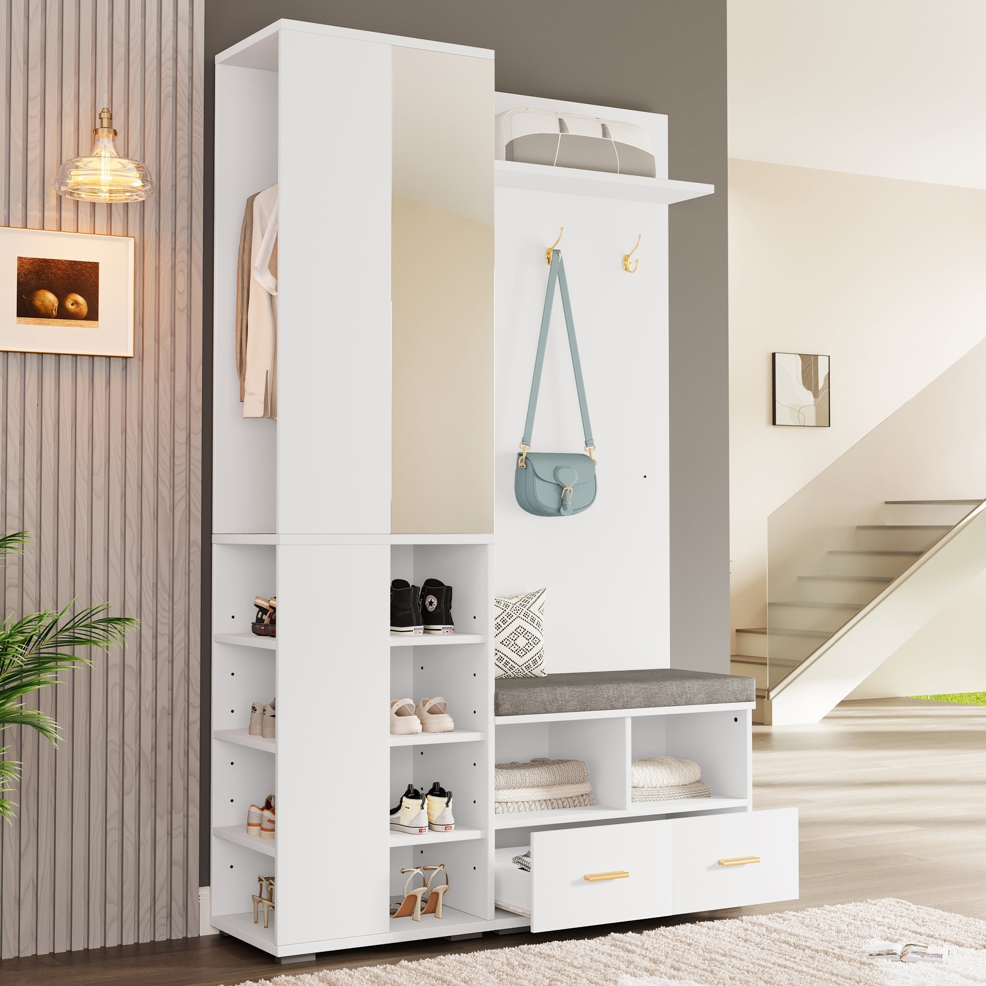 Wardrobe Set Hallway Cabinet Mirror Shoe Bench Clothes Rail 2 Drawers White