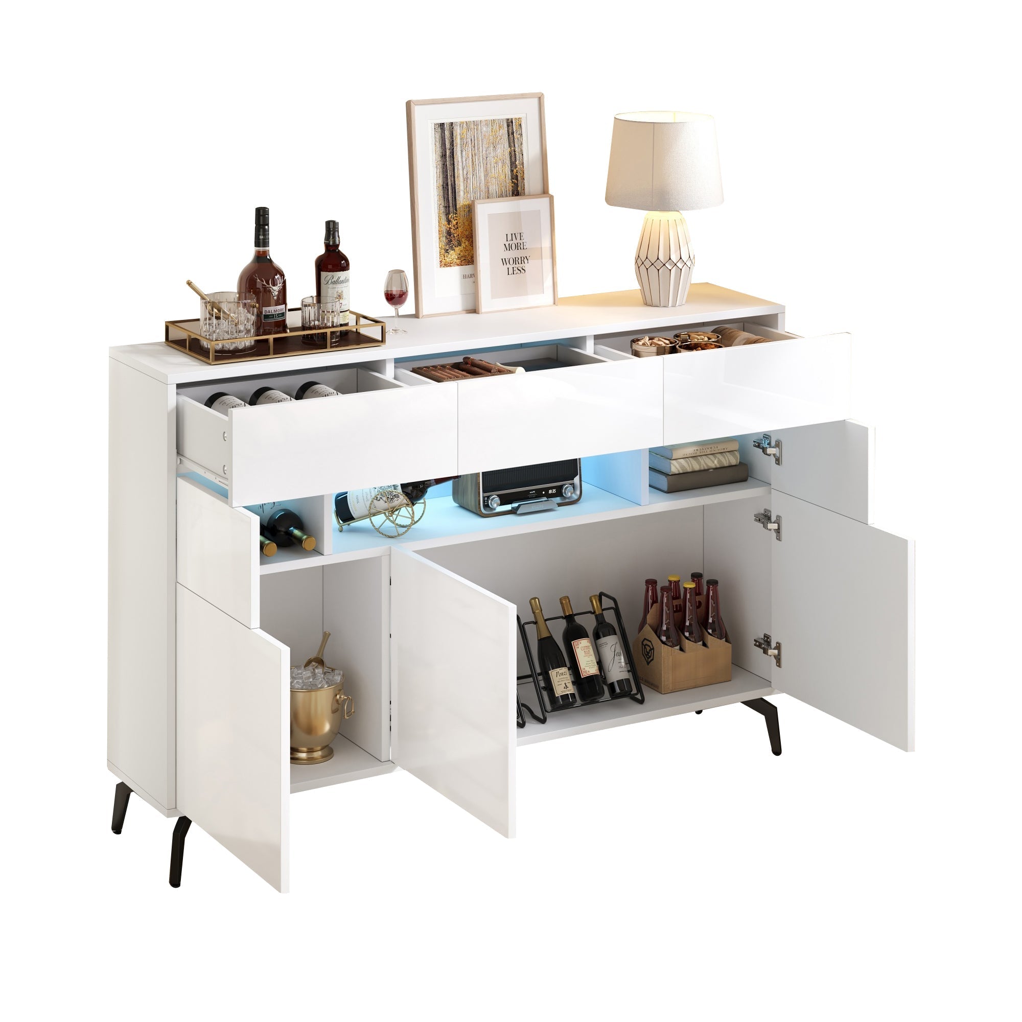 Living Room Sideboard, High-Gloss Storage with LED Light, White MDF