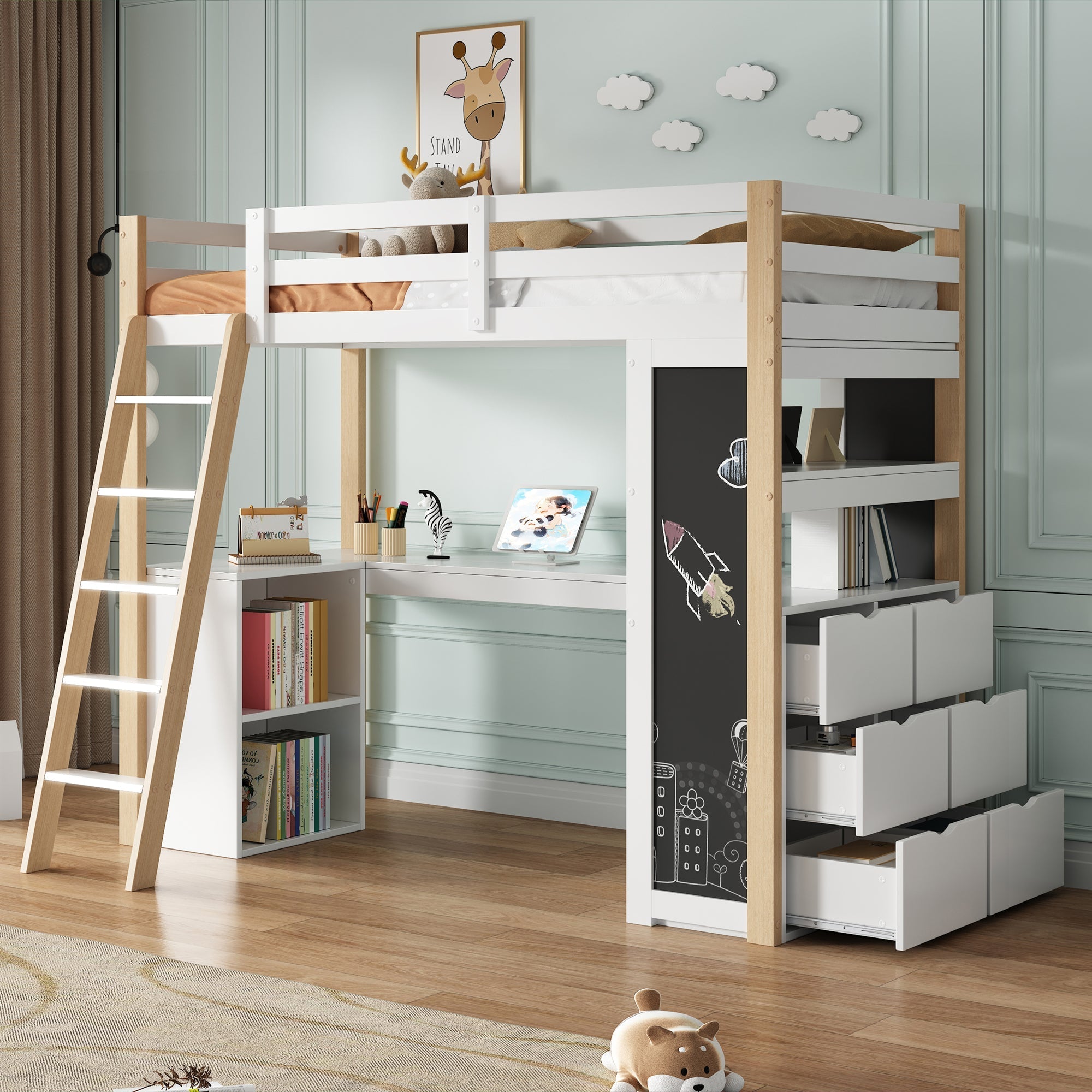 Children's Loft Bed 90x200cm Desk Ladder Storage & Chalkboard - White/Natural