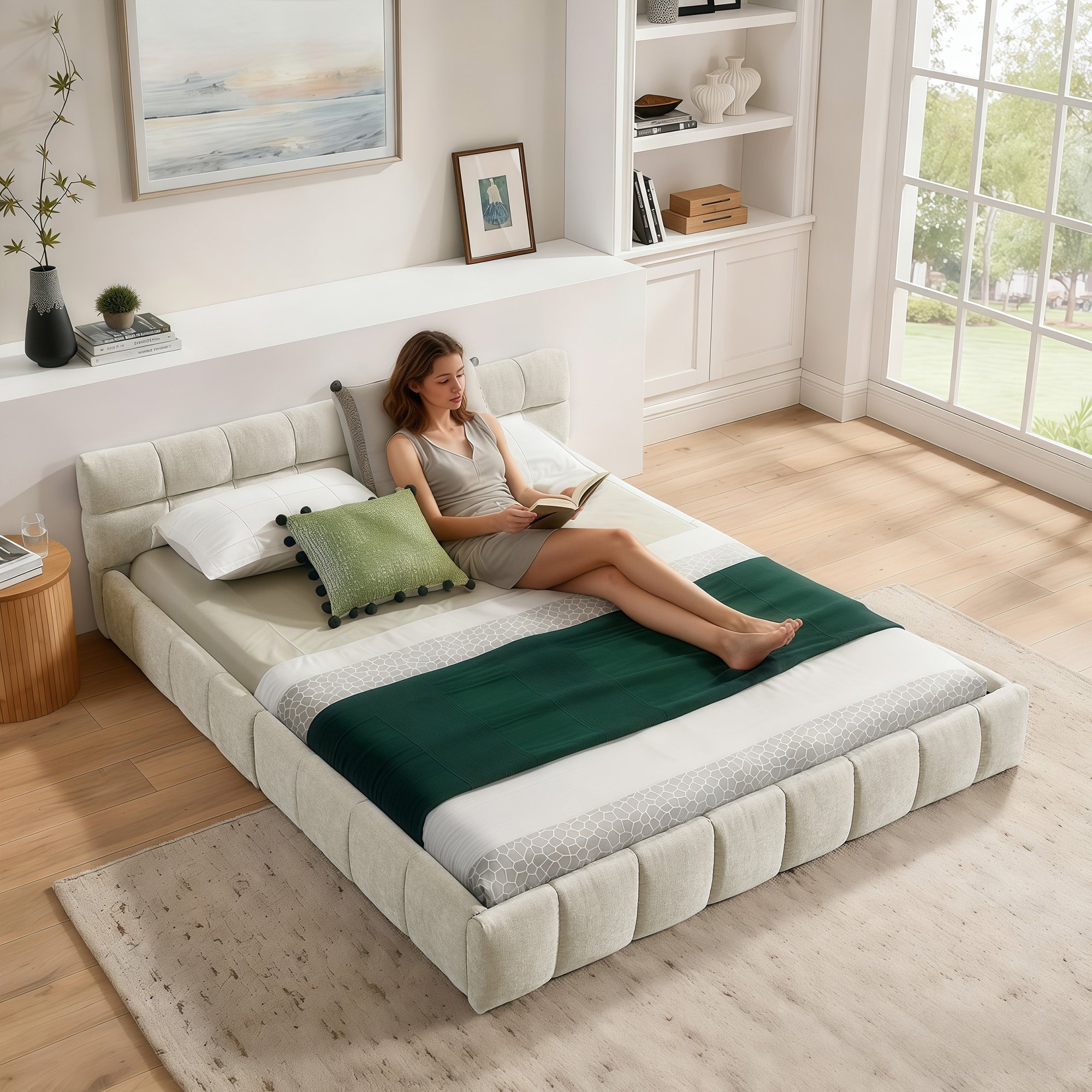 Double Bed 140x200cm, Chenille Cover Quilted Design Eucalyptus Wood Frame, Beige