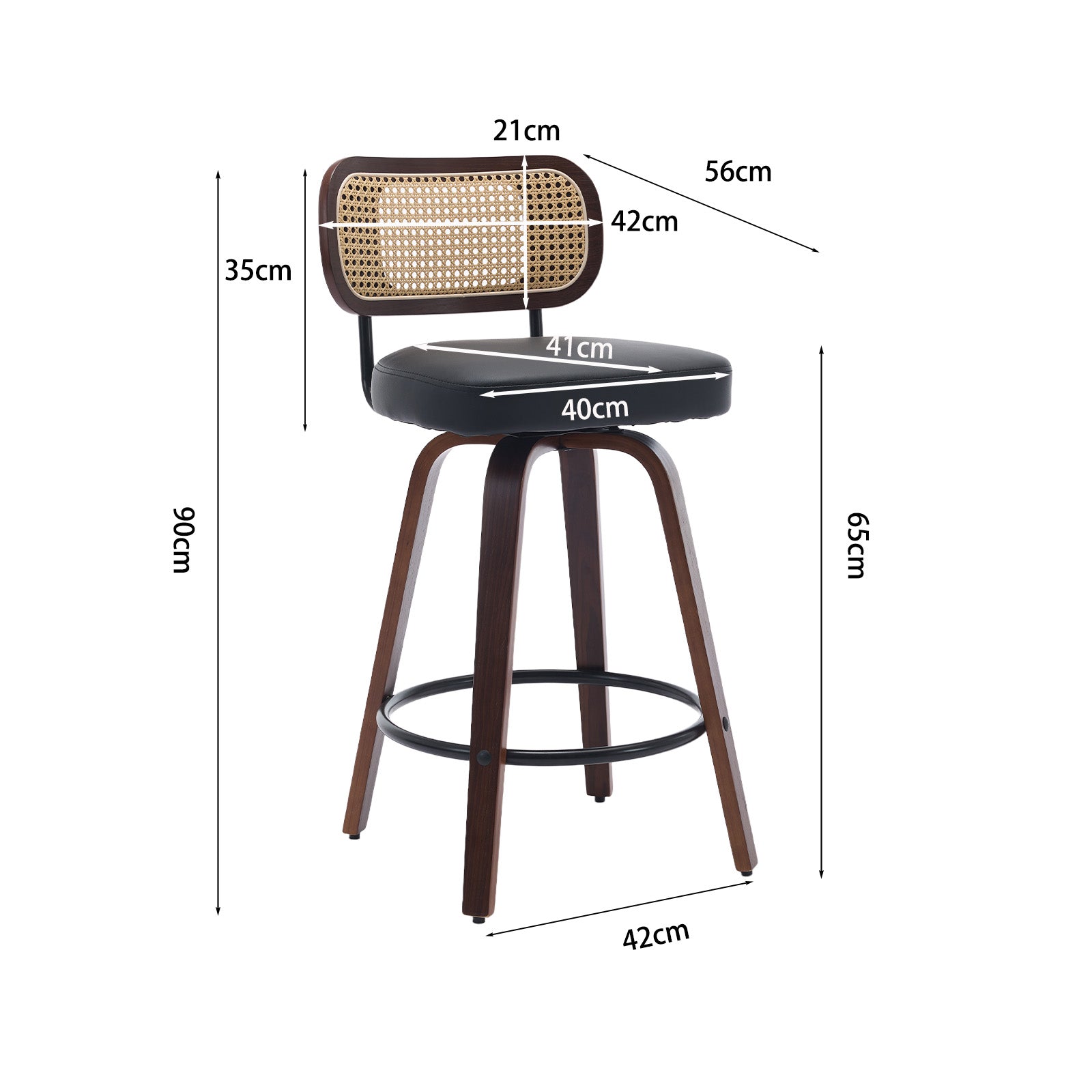 Set of 2 Counter Height Bar Stools with Swivel and Rattan Cane Back, Walnut Black