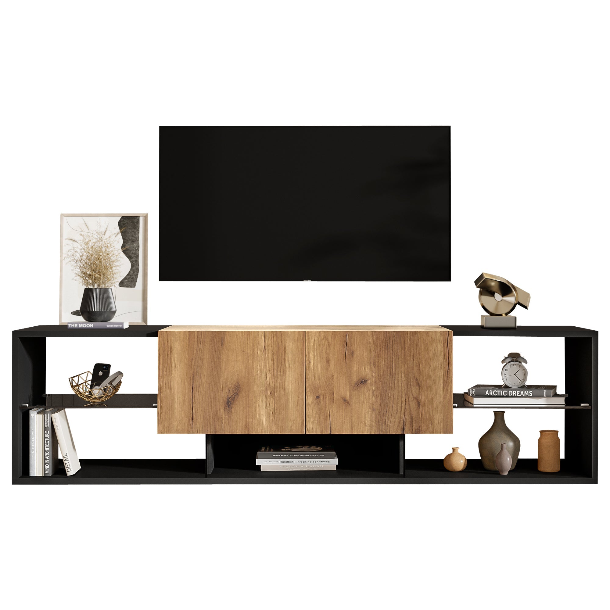 TV Console Cabinet, 3-Tier with Glass Shelf and 2 Drawers, Black