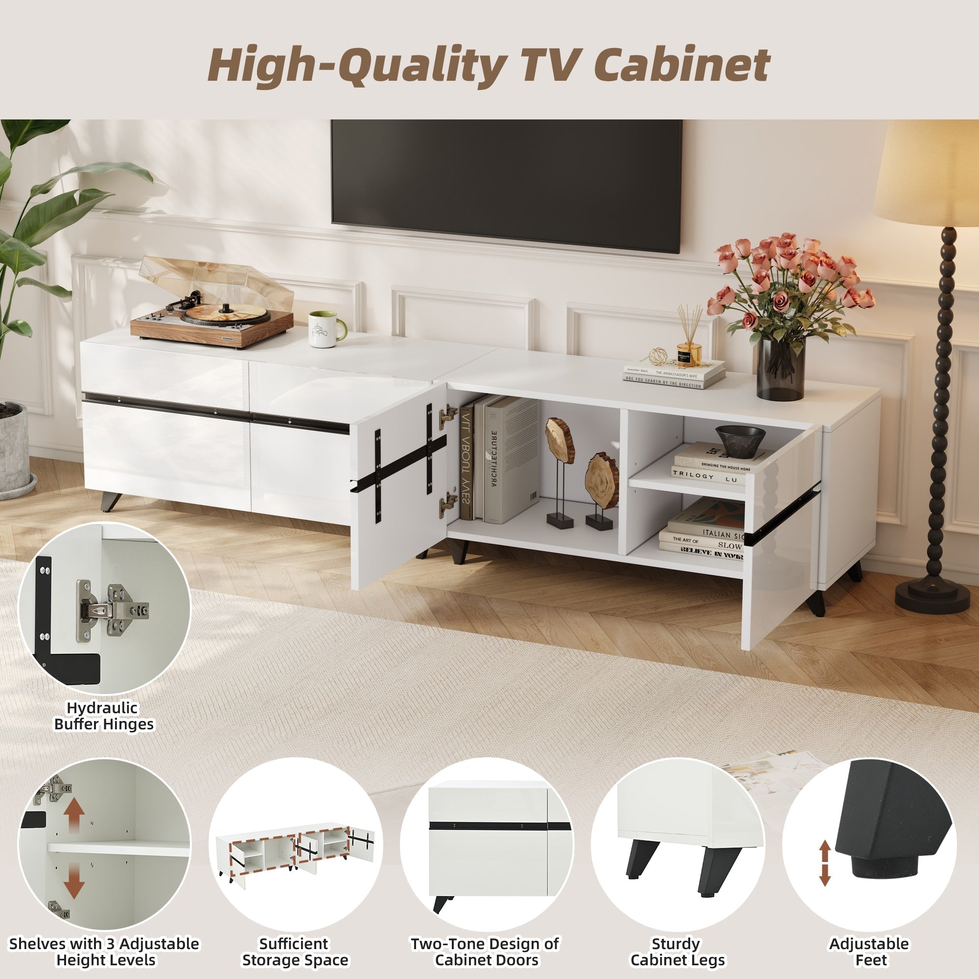 TV Cabinet High-Gloss Lowboard 4 Cabinets Adjustable Dividers 180x40x49cm