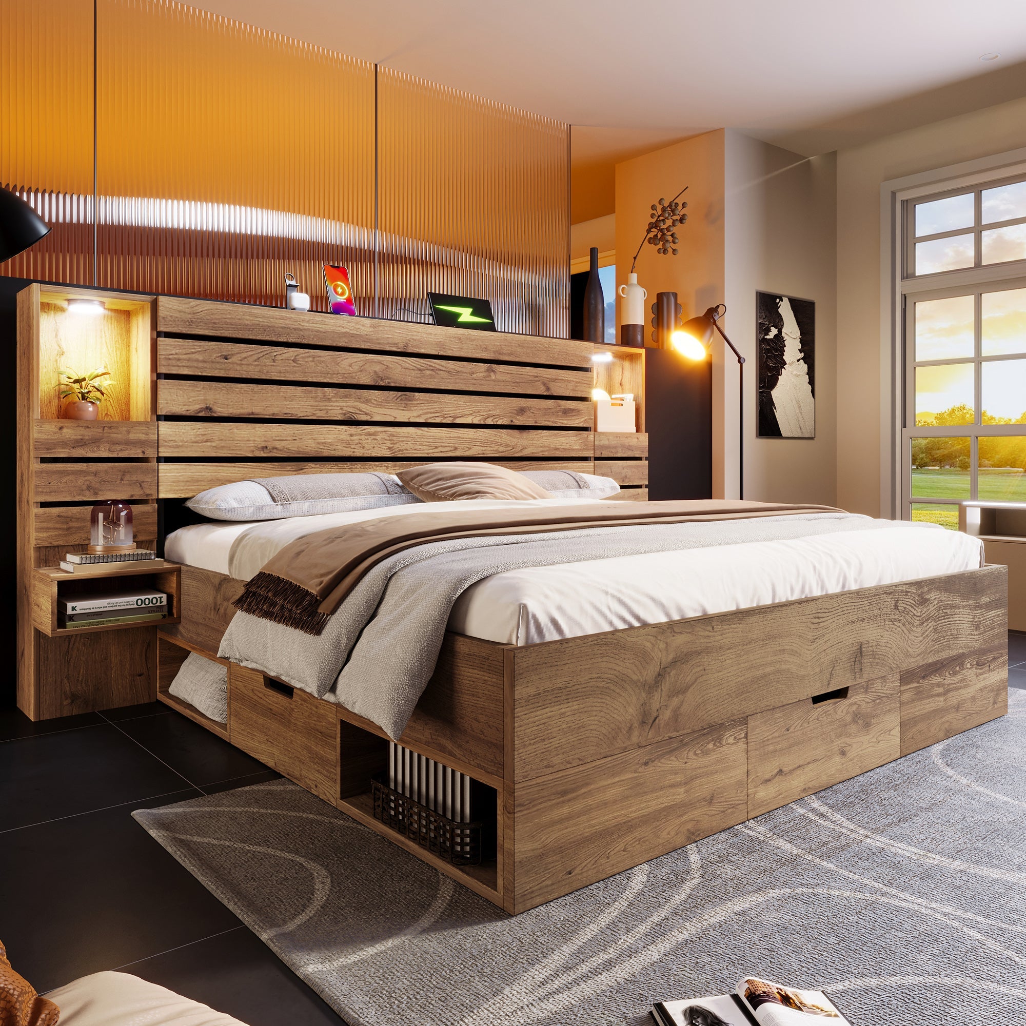 Wooden Double Bed with LED, USB, Niche, Floating Tables, Storage and Mattress, 160x200cm, Oak Look