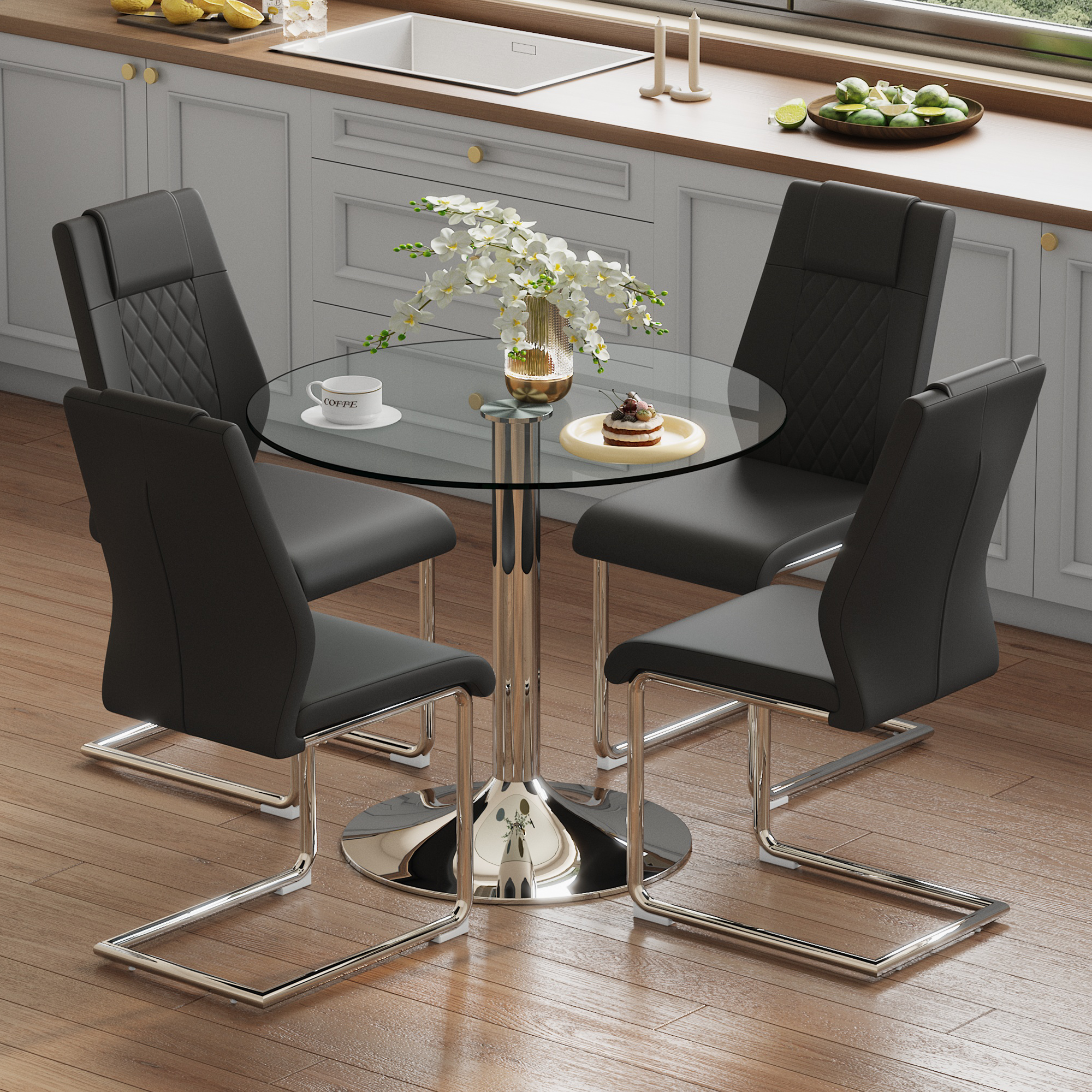 Dining Table Set 85cm Tempered Glass Table 4 Chairs - Black PU Silver Legs