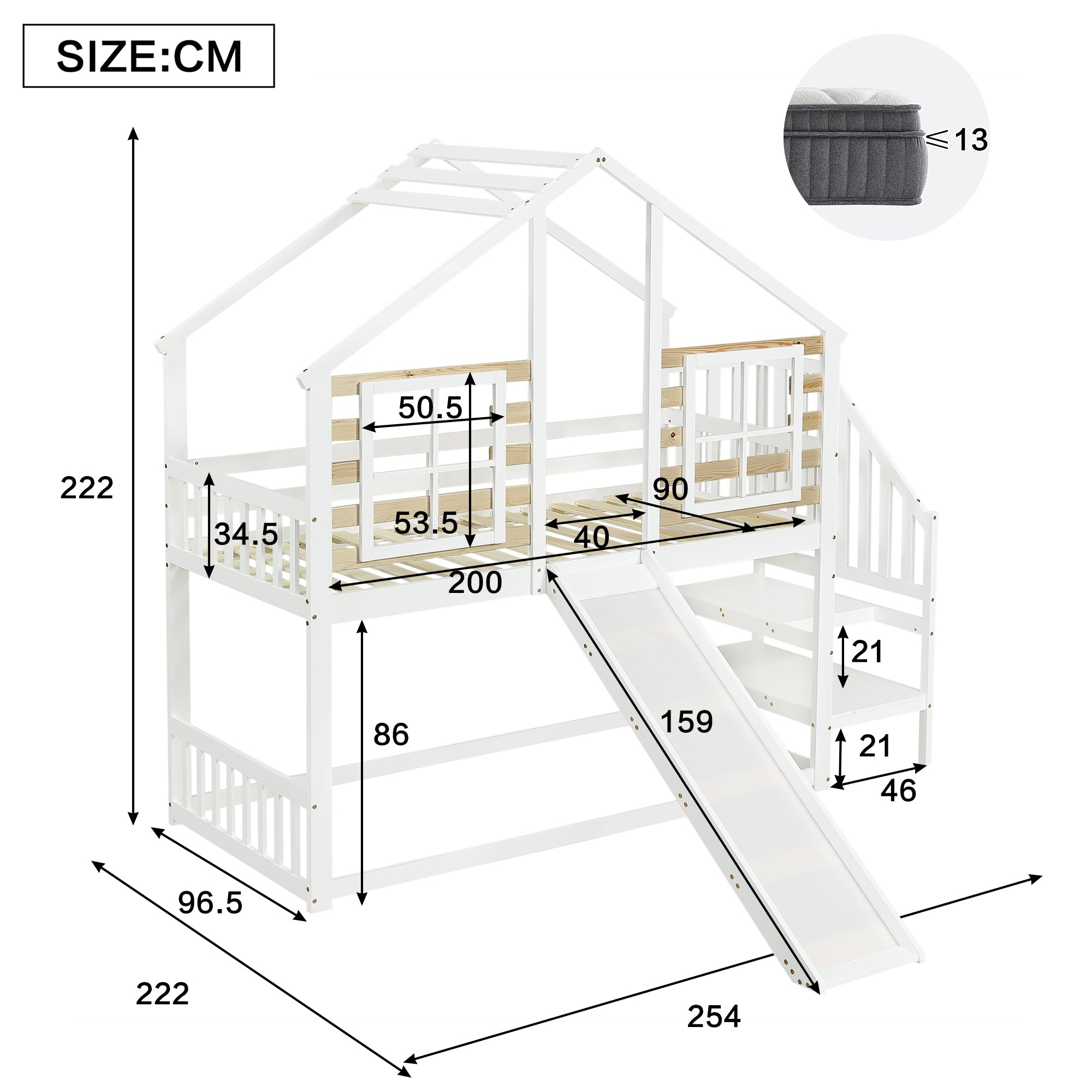 Bunk Bed, Wooden with Stairs, Slide & Window, Solid Wood, White