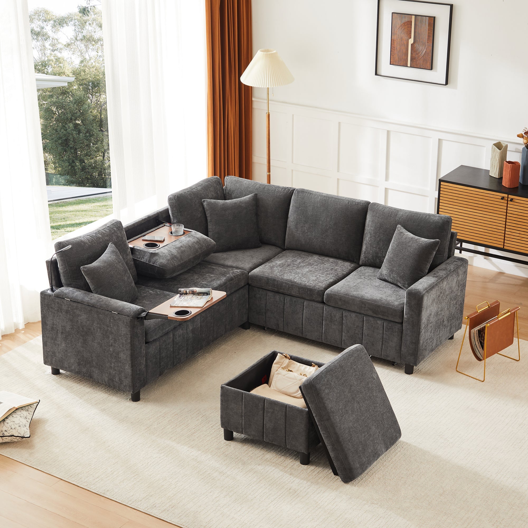 Chenille Corner Sofa Bed with Ottoman, USB Charging and Hidden Table, Grey