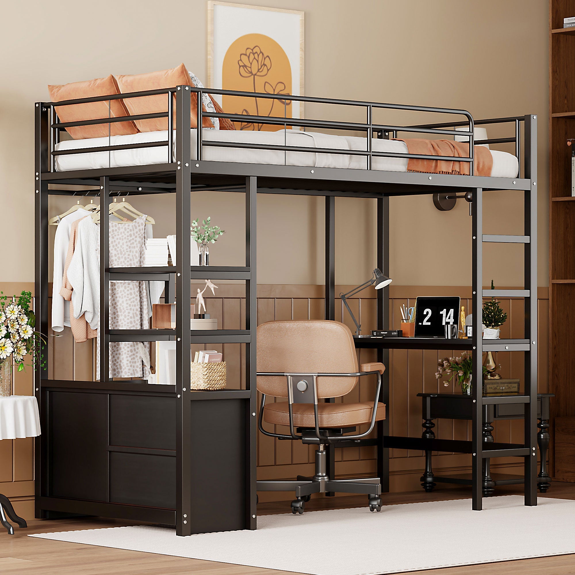 Loft Bed 90x200cm with Desk USB Charging Shelves Storage Ladder Black Iron