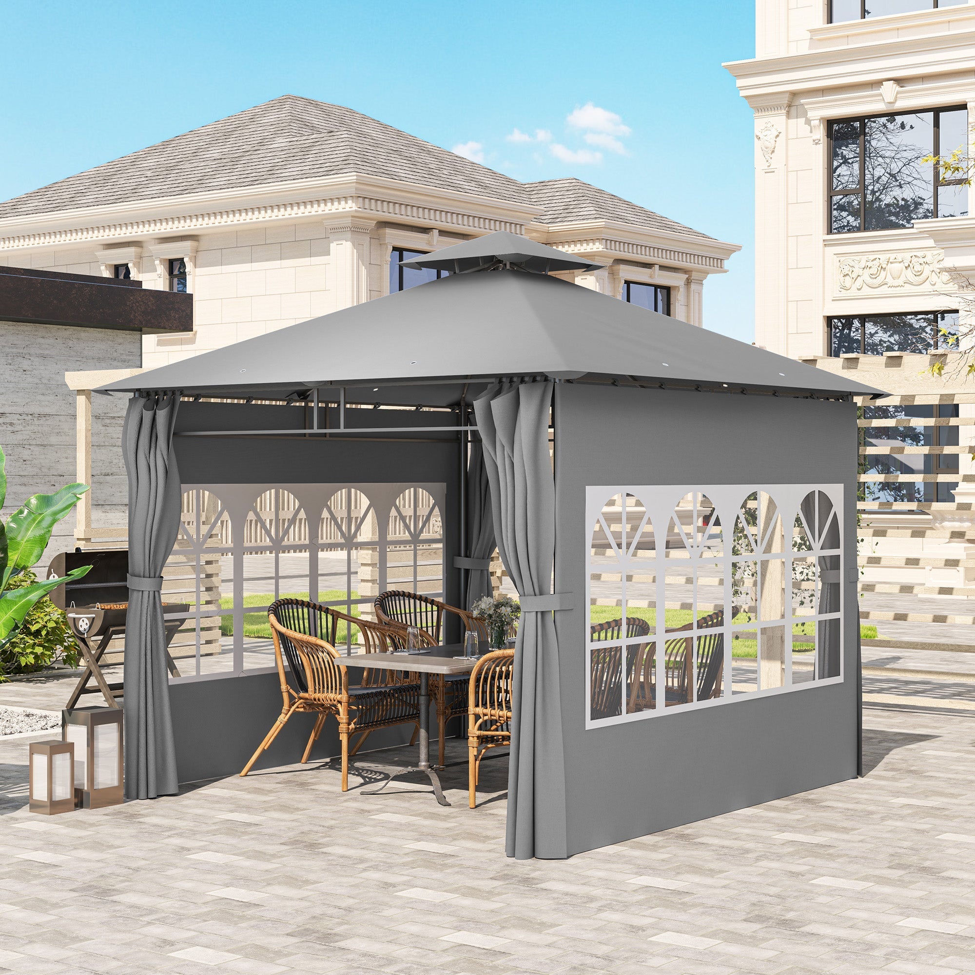 Garden Gazebo 3x3m Double Roof with Sidewalls, Light Grey