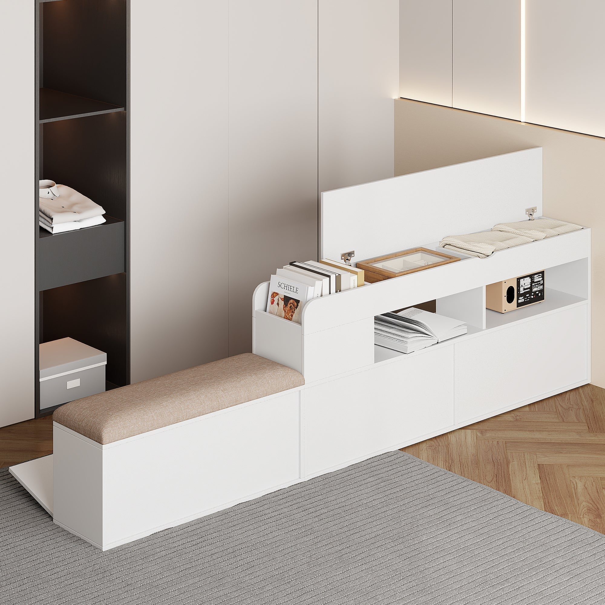 Combo Bed 140*200cm, Storage Headboard with Drawers & Sofa Bench, Solid Wood White