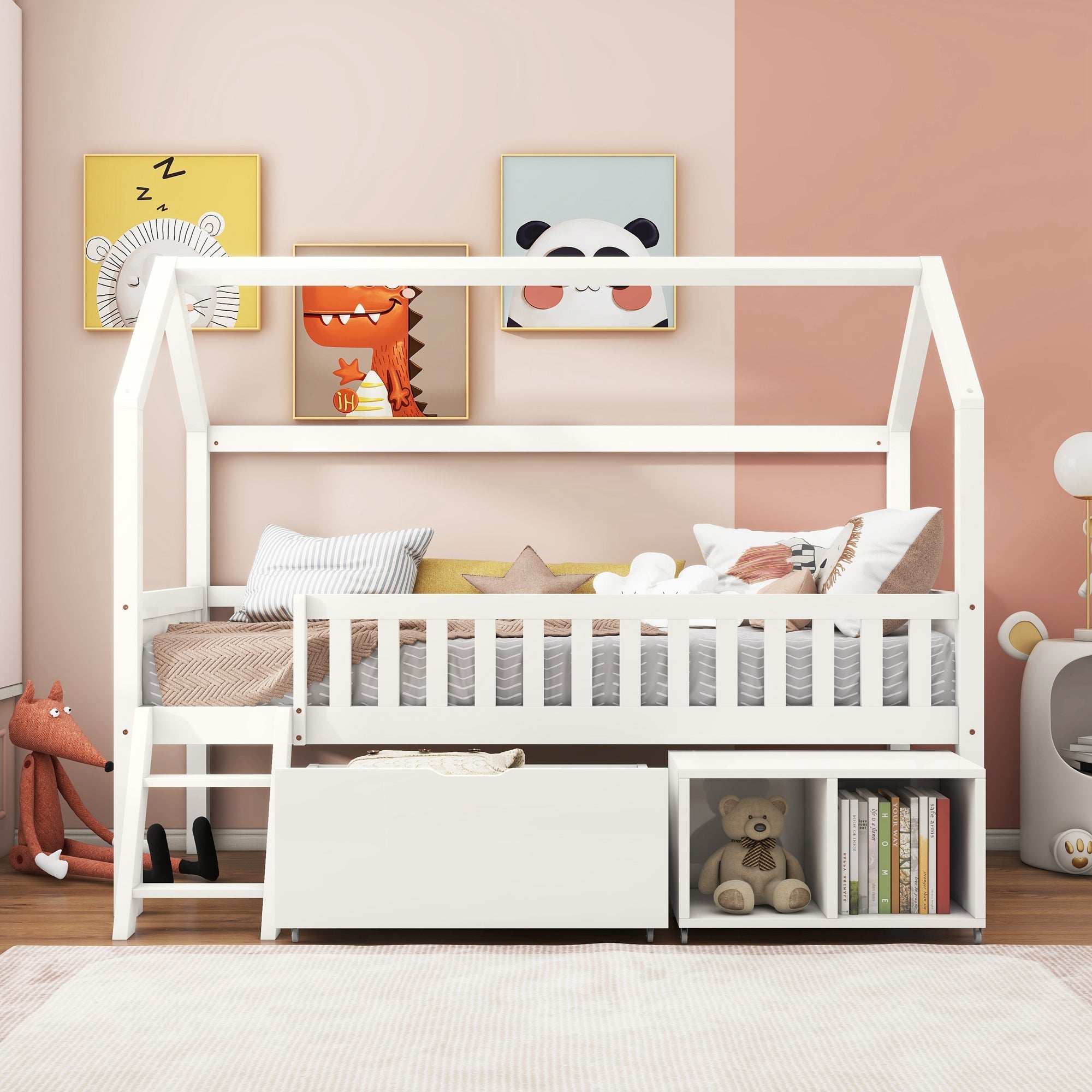 House Bed for Children and Youth 200x90 with Drawers, Storage and Anti-Drop Railing, White Pine