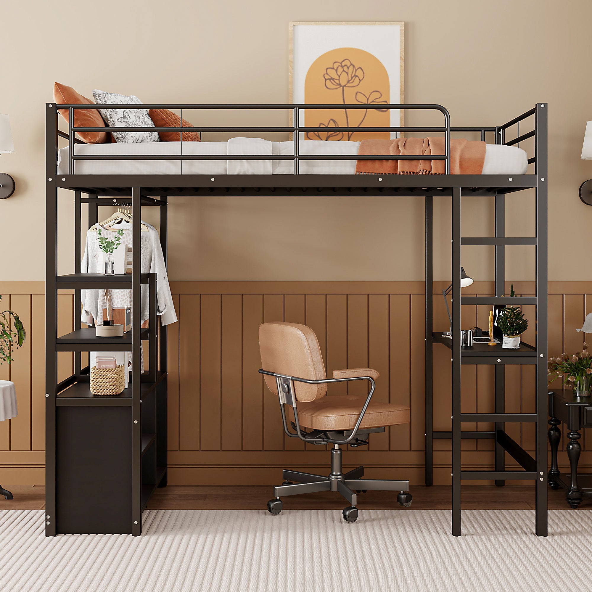 Loft Bed 90x200cm with Desk USB Charging Shelves Storage Ladder Black Iron