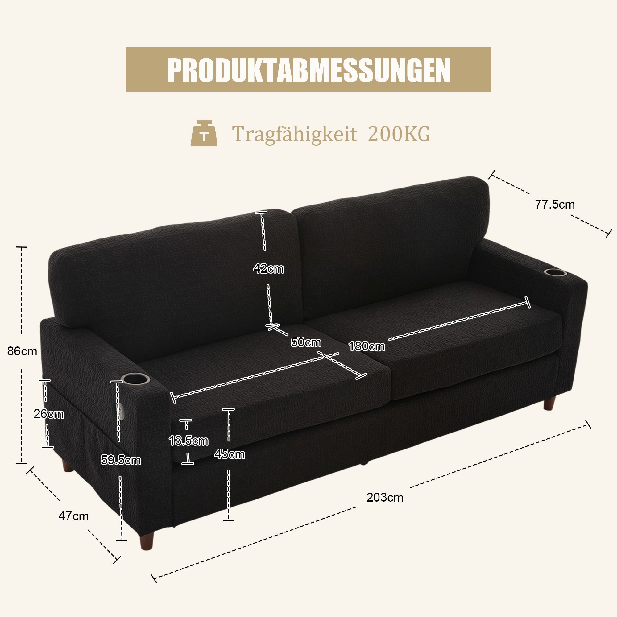 Modern 2-Seater Sofa USB-C LED Cup Holders Side Pockets - Black Chenille