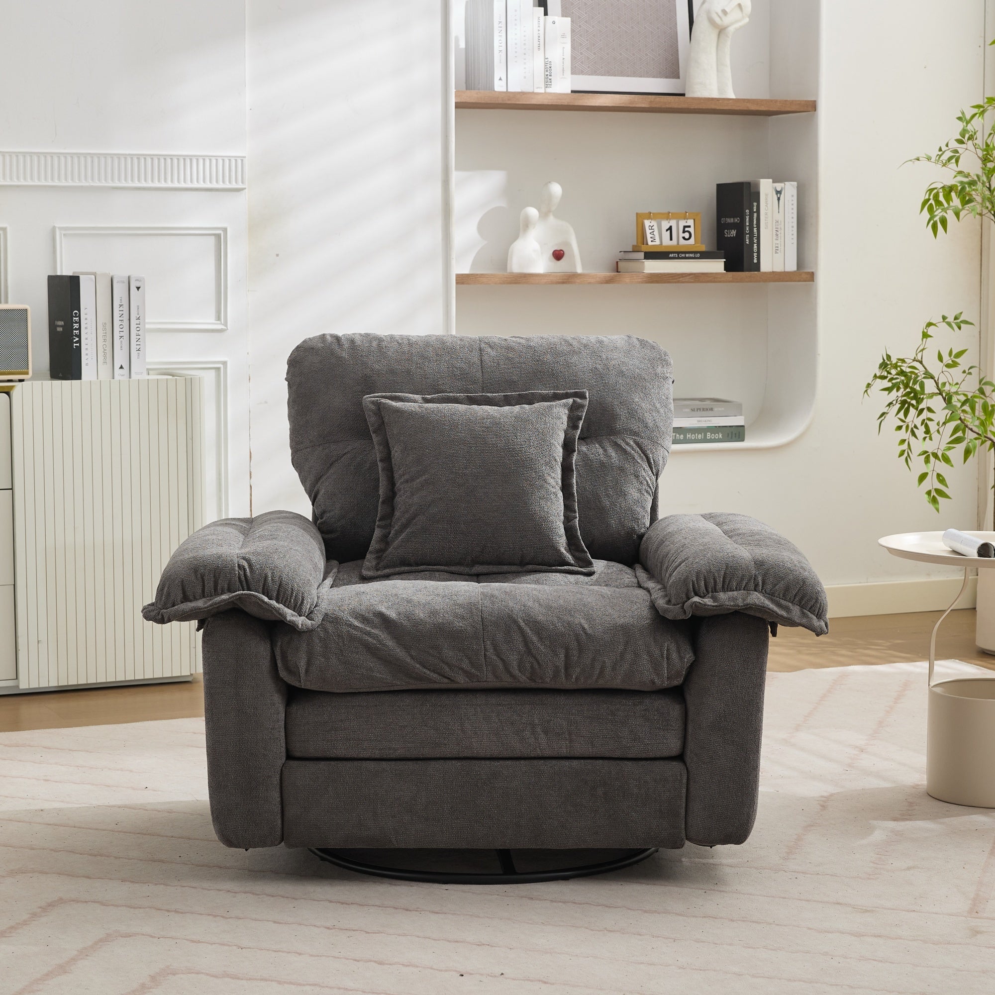 360° Swivel Armchair with Support Cushion and Oversized Seat, Chenille