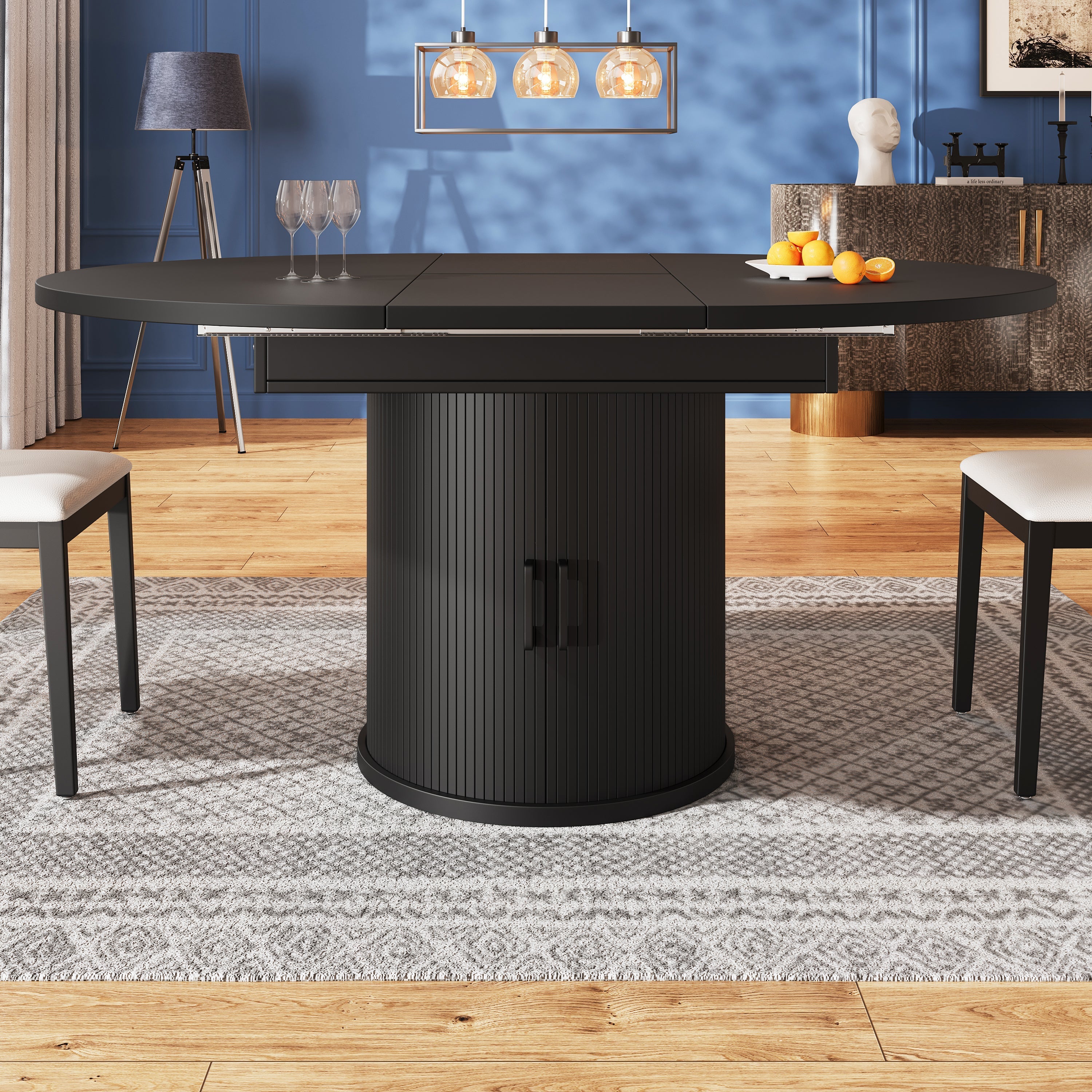 Extendable Dining Table Round to Oval, 118–158 cm, 6 Seater, Walnut/Black