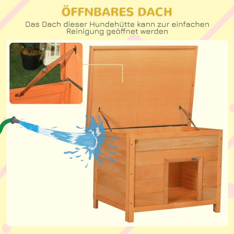Hundehütte für draußen, aufklappbares Teerdach, erhöhter Boden, Holz, Gelb