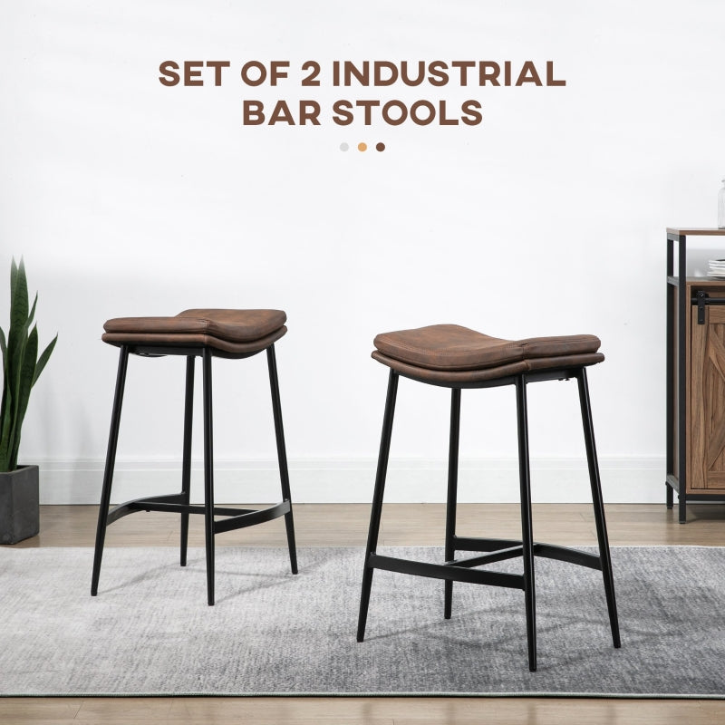 Breakfast Bar Stools Set of 2, Industrial Curved Seat Steel Frame, Brown Microfibre