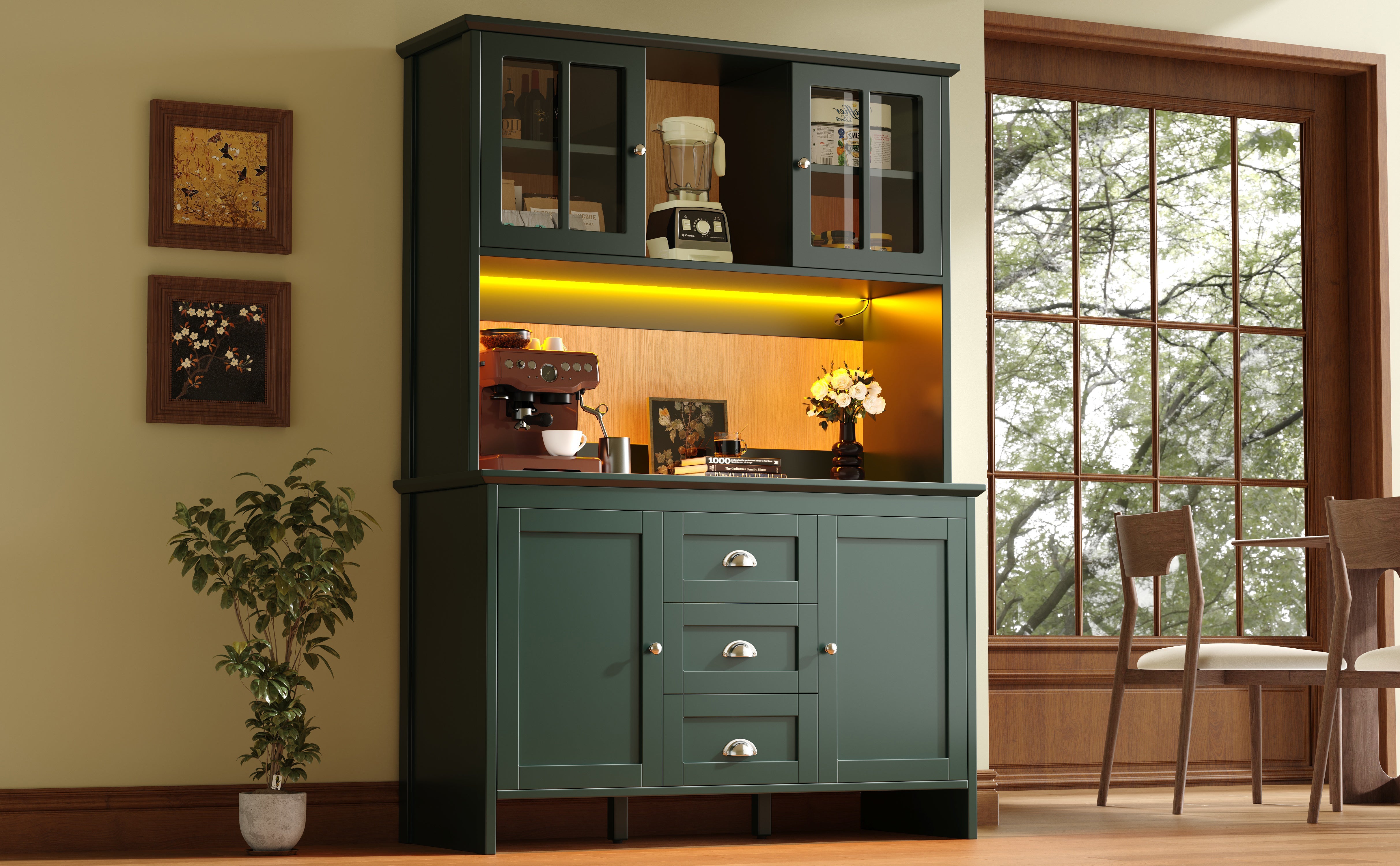 Tall Kitchen Cabinet Sideboard with Brown Glass Doors and LED Lighting, Green