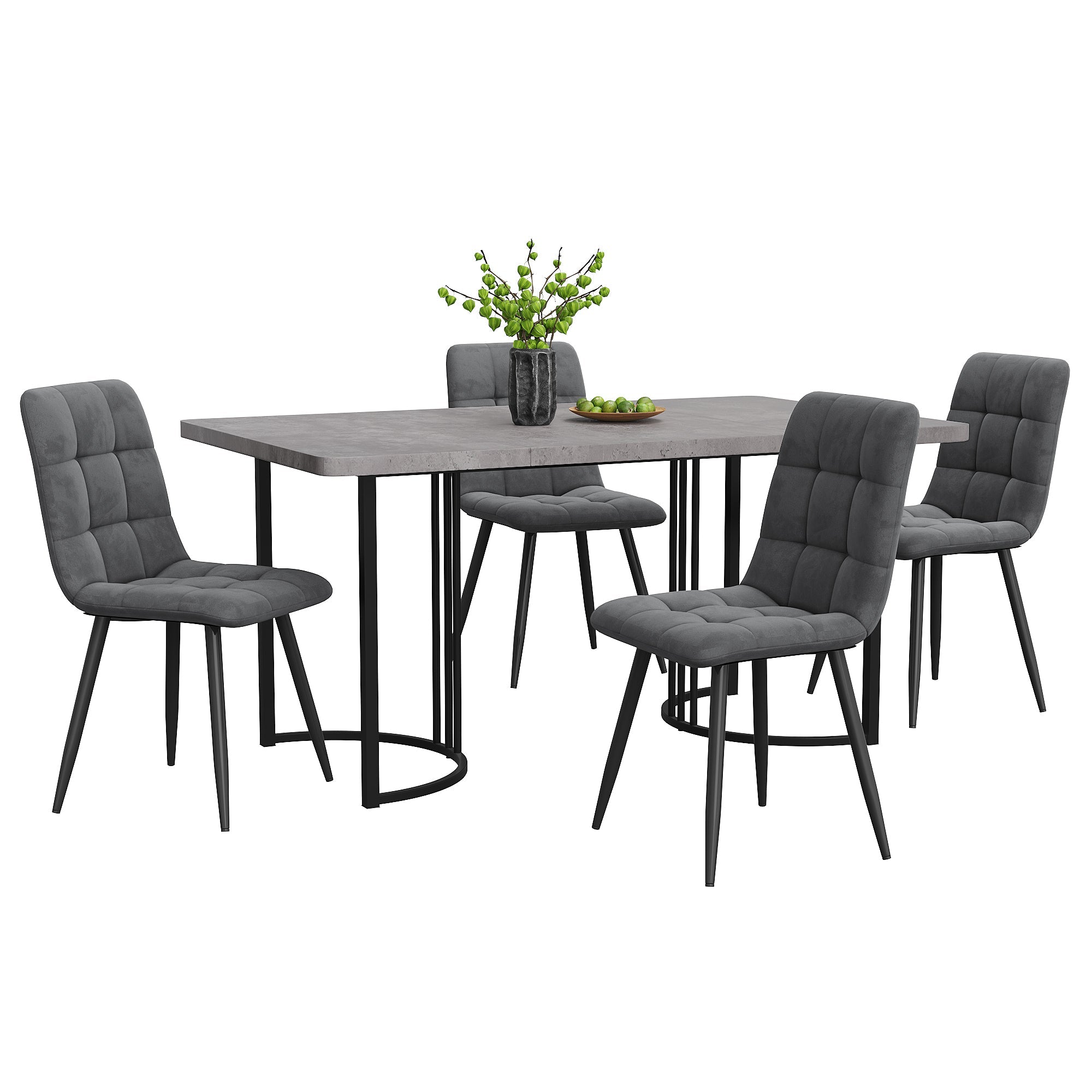 5-Piece Dining Set Modern 140x80cm Kitchen Table with Black Metal Legs Grey MDF Dark Grey Velvet