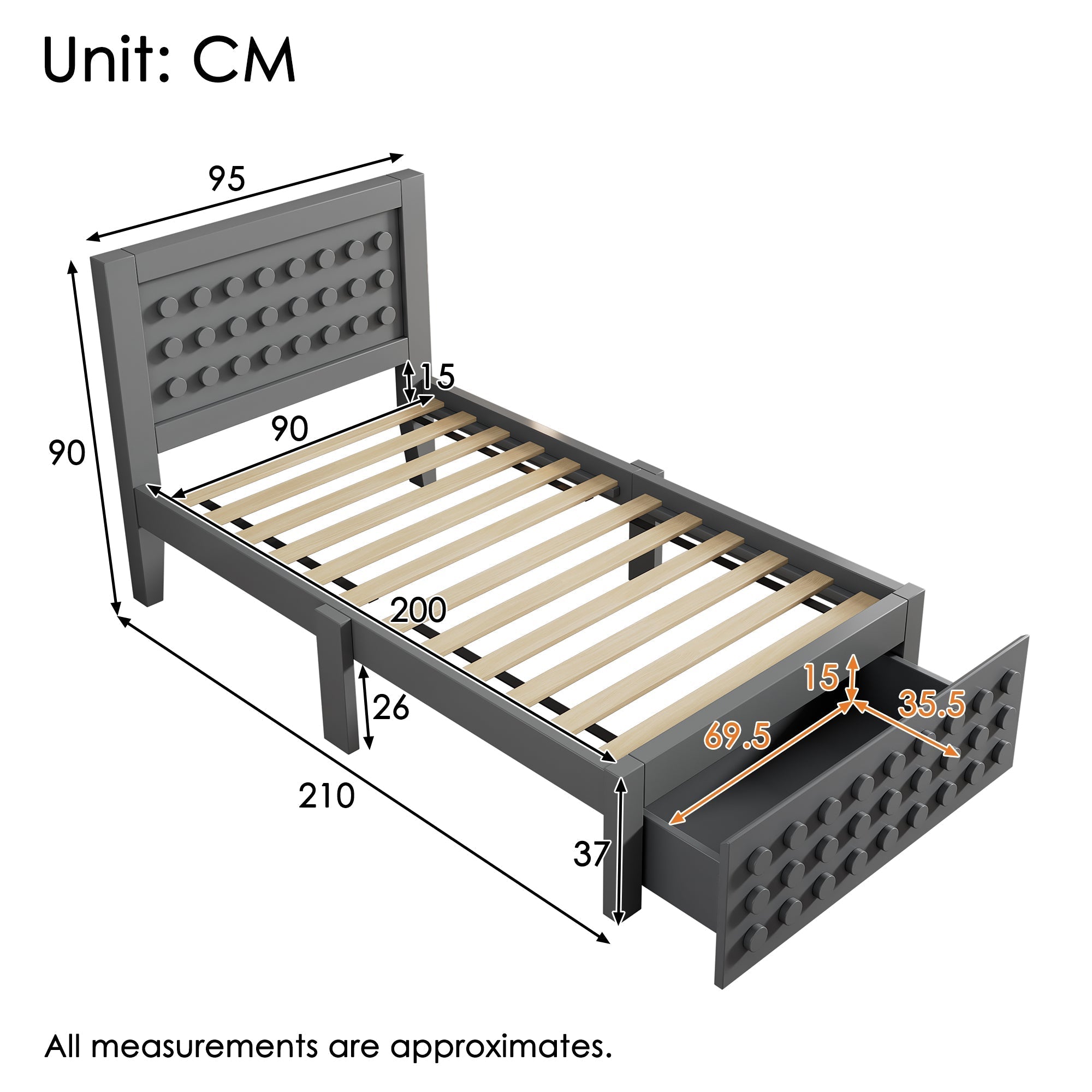 Single Bed, 90x200cm Creative Block Design with Drawers & Storage, Grey Wood