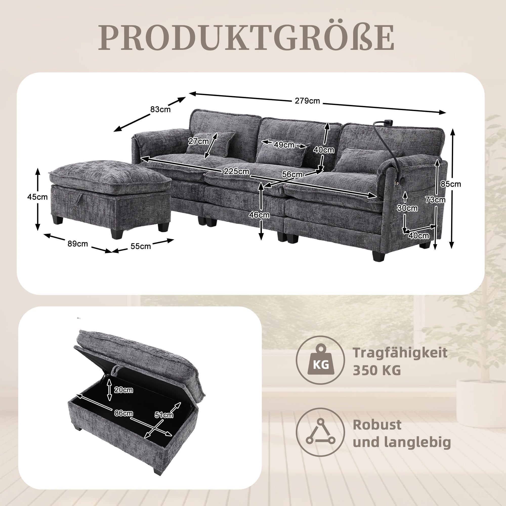 Modern 2-Seater Sofa USB Port Storage Footstool Memory Foam - Chenille Grey