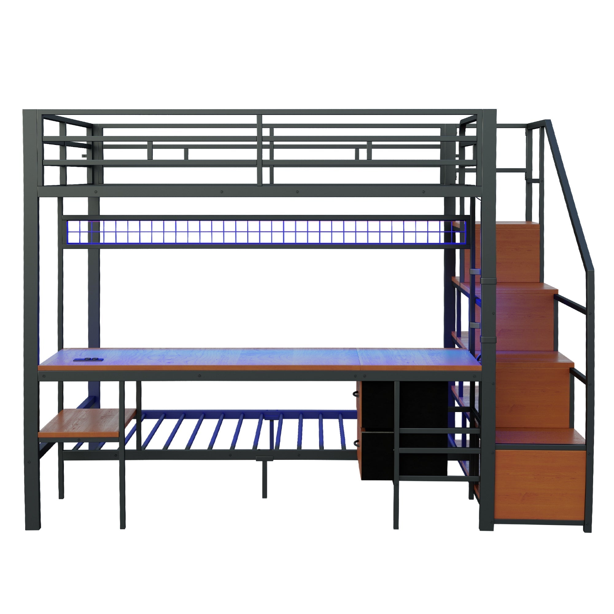 Metal Loft Bunk Bed Multifunctional with Desk LED Light Power Outlets Storage 140x200/90x200 Black