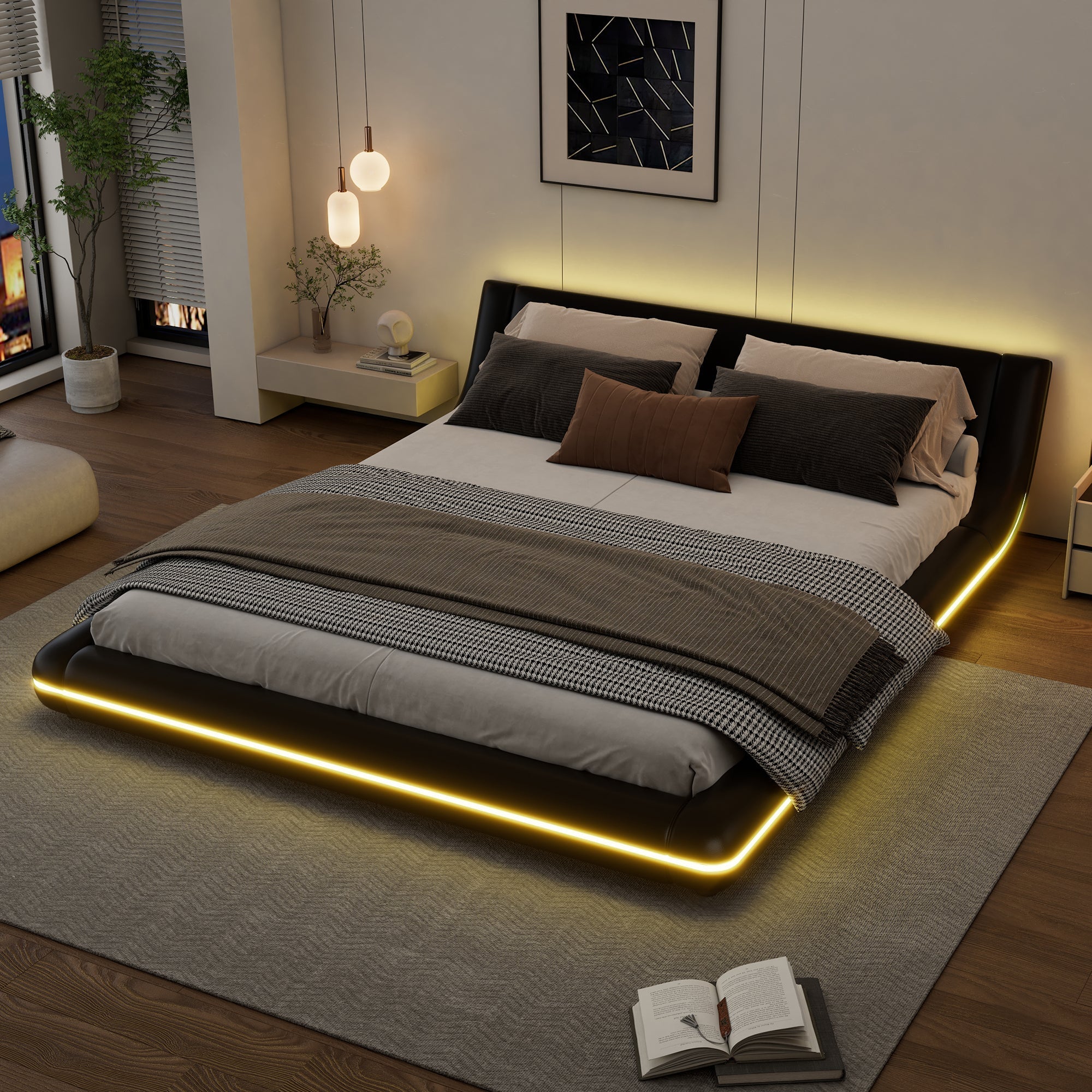 Flatbed Floor Bed 160x200cm with LED Ambient Light PU Black