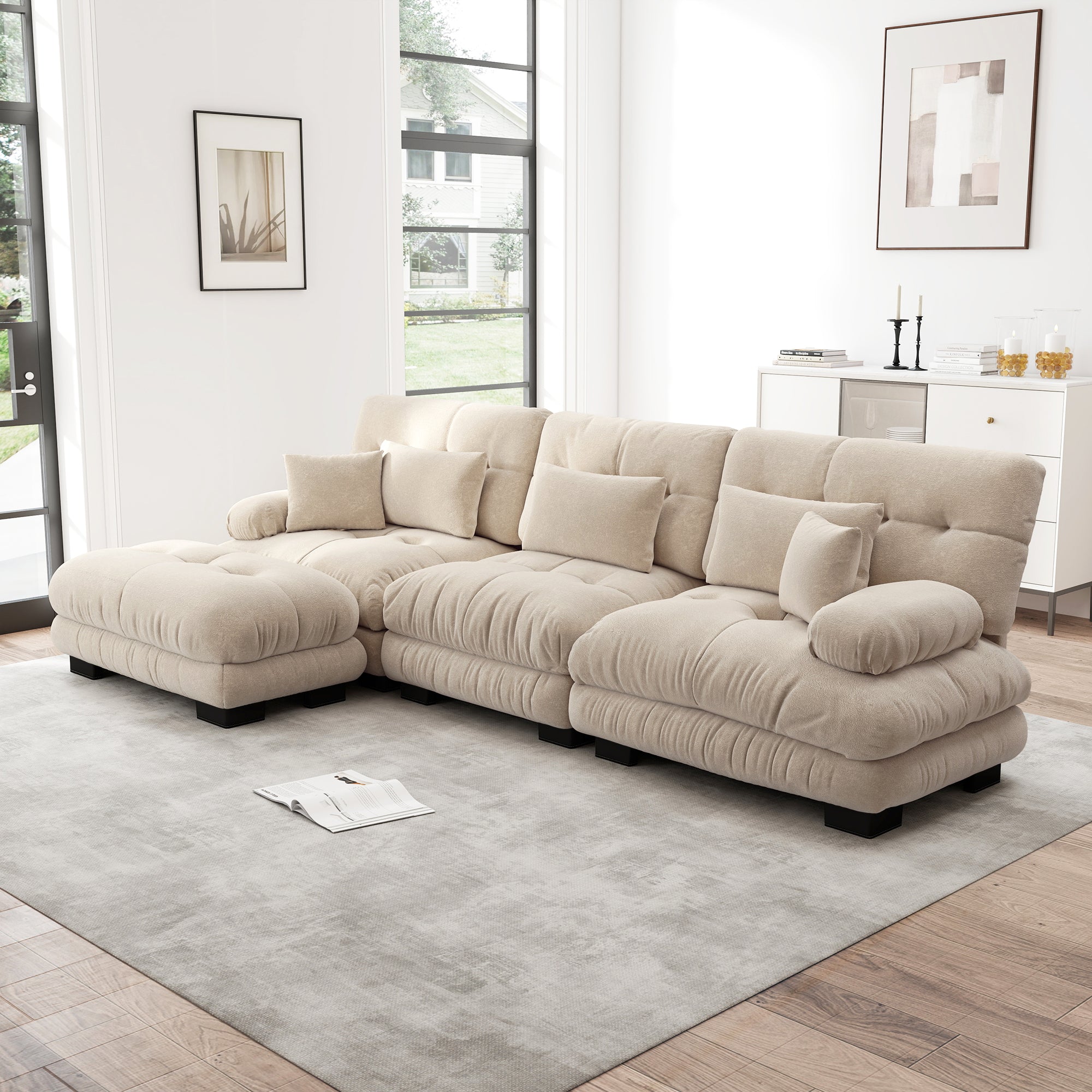 Luxurious Modular Corner Sofa L-Shaped Deep Sleeper Ottoman, Corduroy Chenille Light Brown