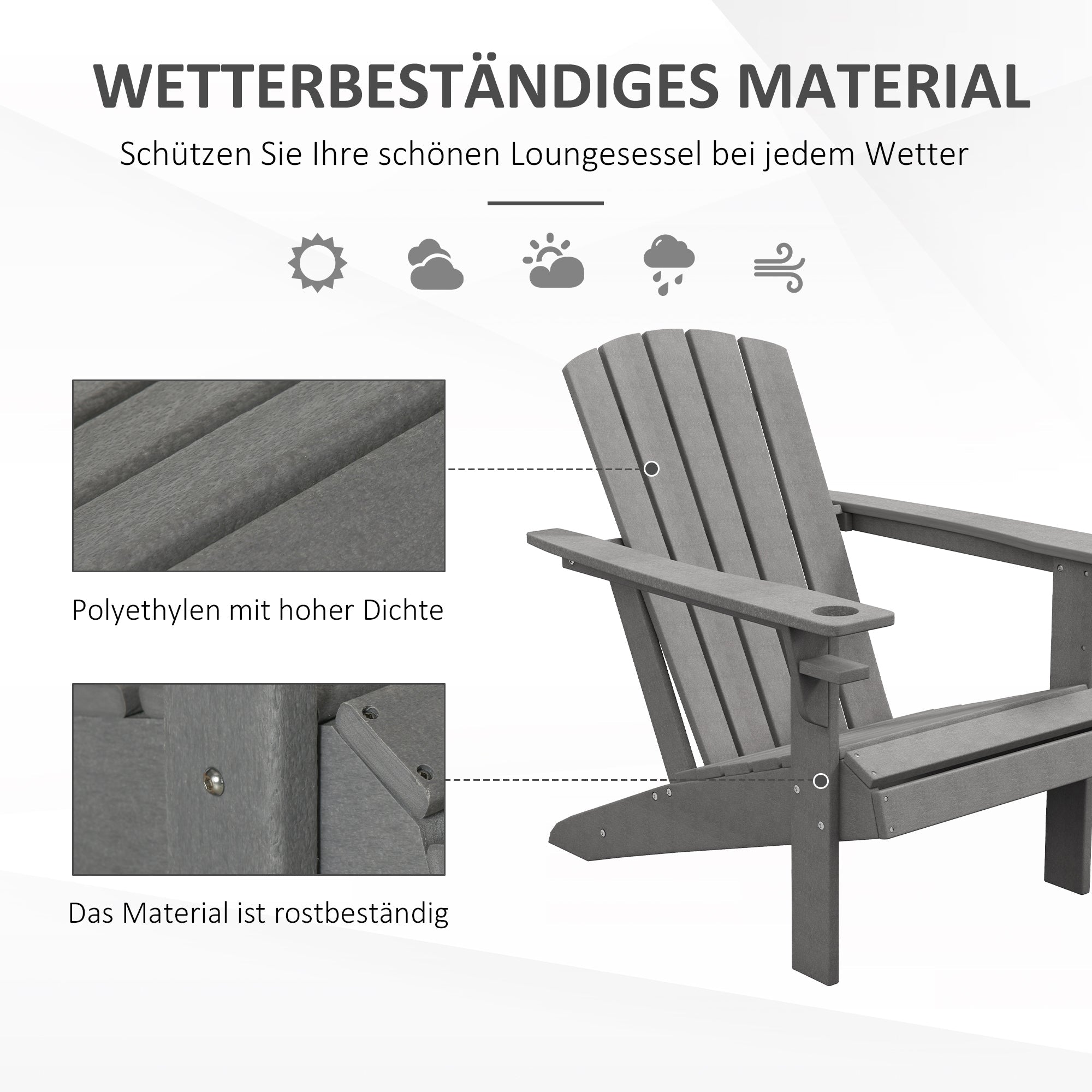 Adirondack Garden Chair, Drink Holder, Plastic Armchair, Grey