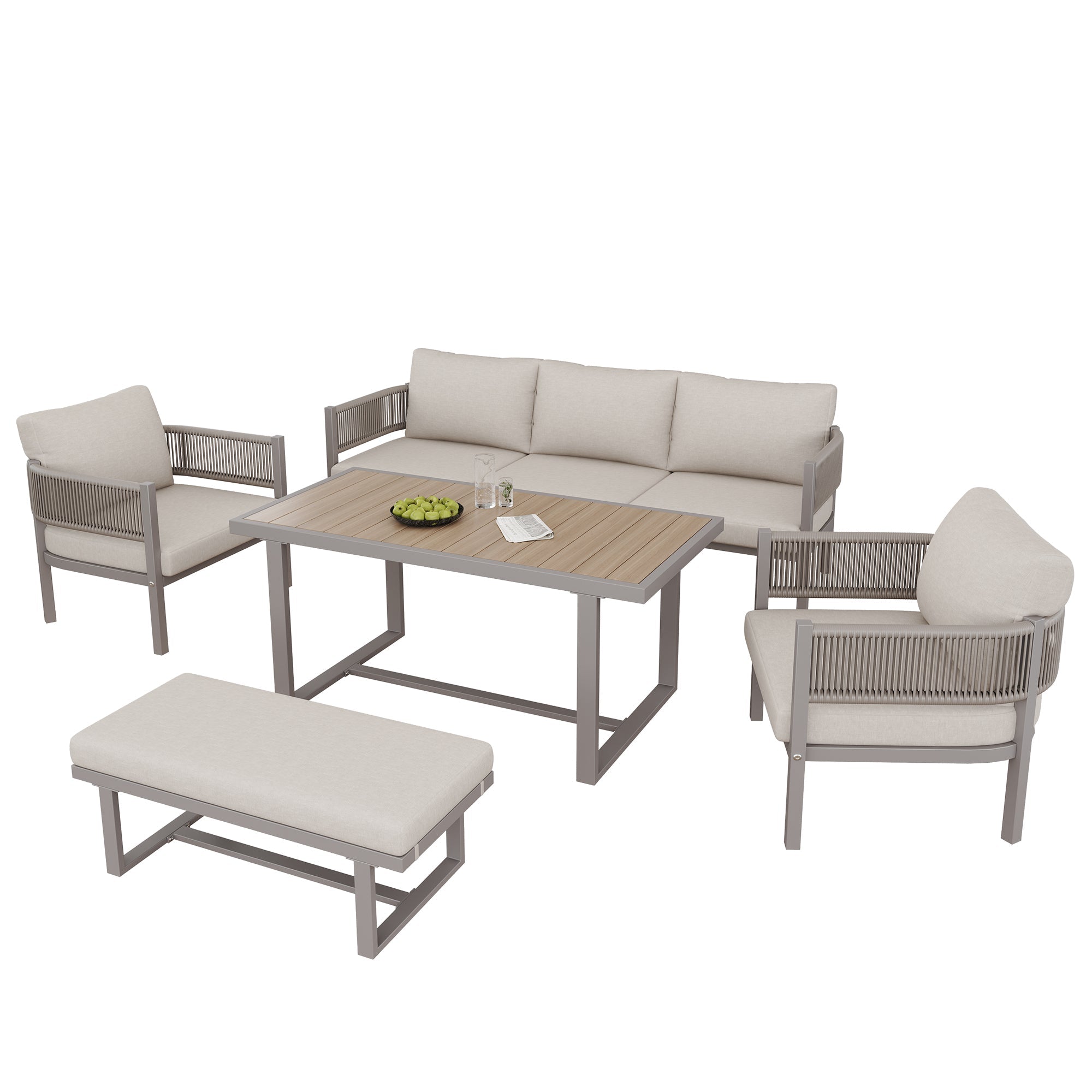 Garden Lounge Set with 3-Seater Sofa, 2 Armchairs, Bench and Dining Table, Beige PE Woven Rope and WPC Tabletop