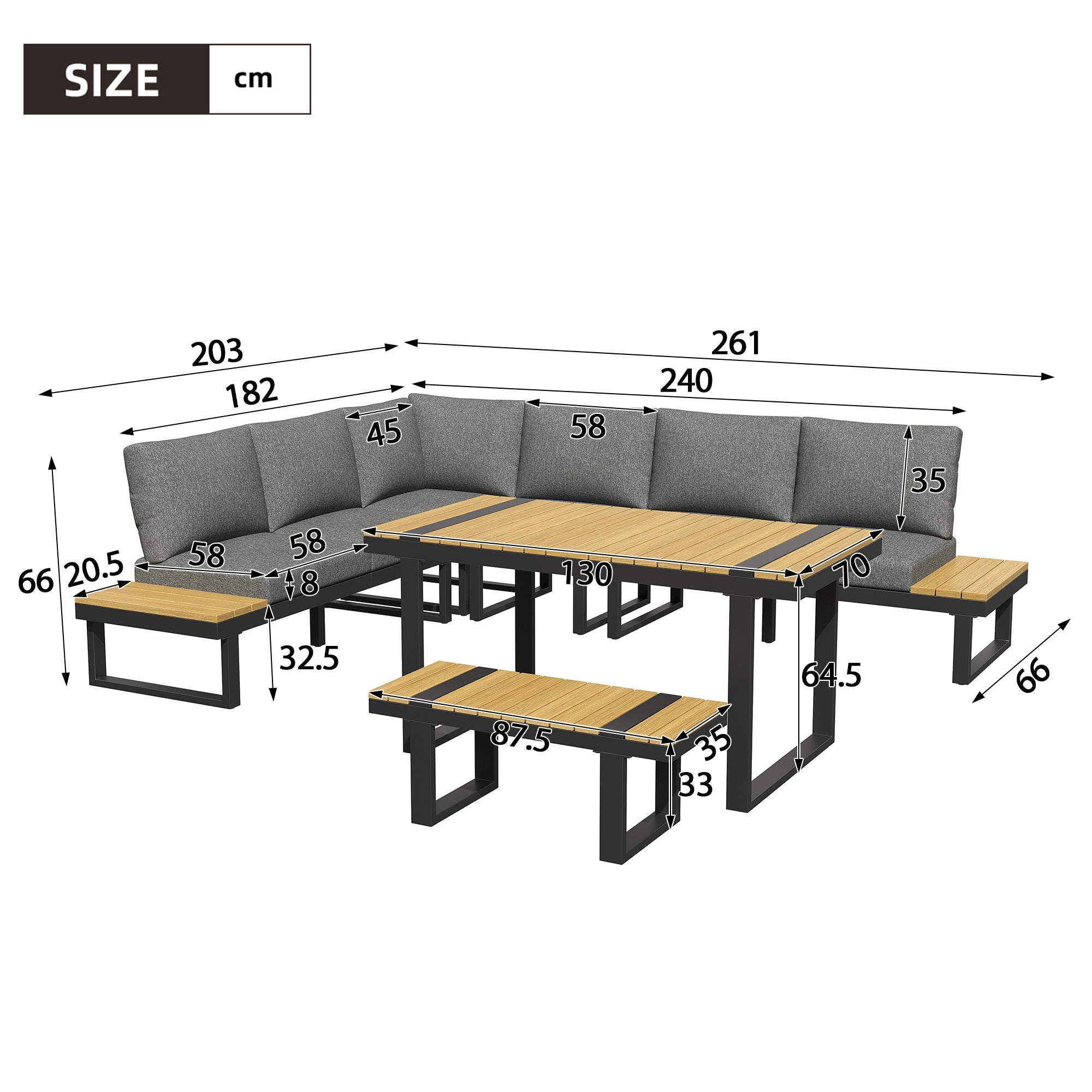 Garden Dining Set with Adjustable Tilt and Corner Configuration, Grey and Black