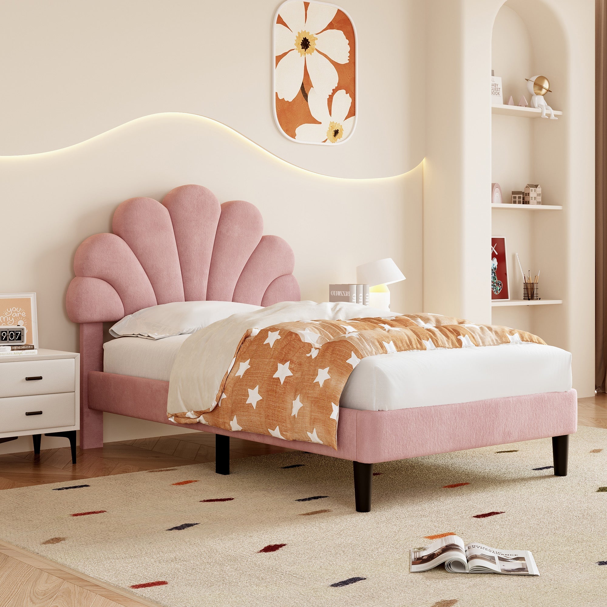 3ft Single Upholstered Velvet Bed Frame, Adjustable Chic Petal Headboard, Pink