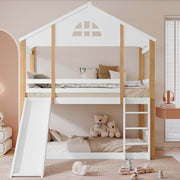 Bunk Bed with Windows, Slide, Safety Railings, 90x200cm, Solid Wood, White/Natural