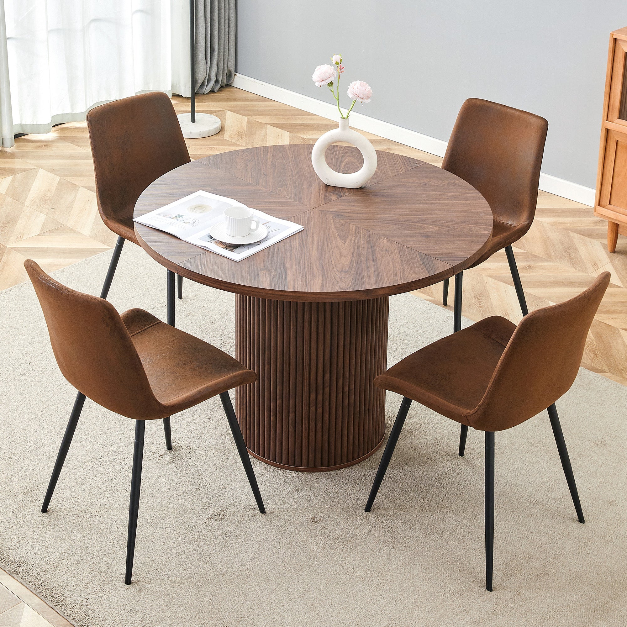 Minimalist Dining Set 100cm Round Table 4 Chairs - Walnut Wood Look