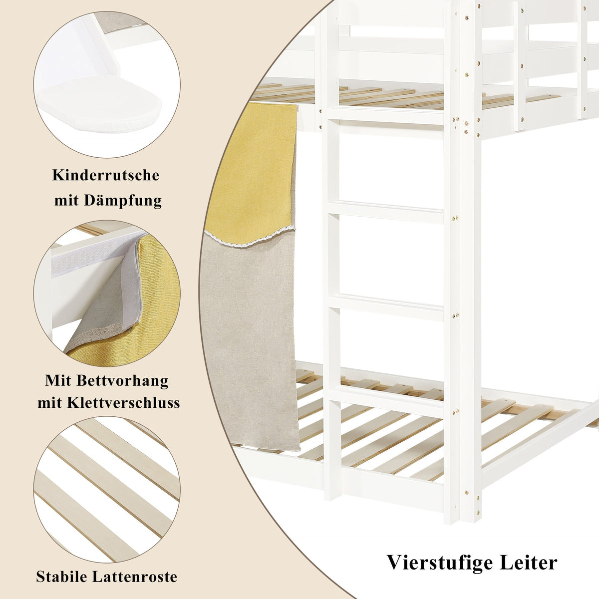 Bunk Bed 90x200cm with Stairs Slide and Curtain - White MDF/Pine