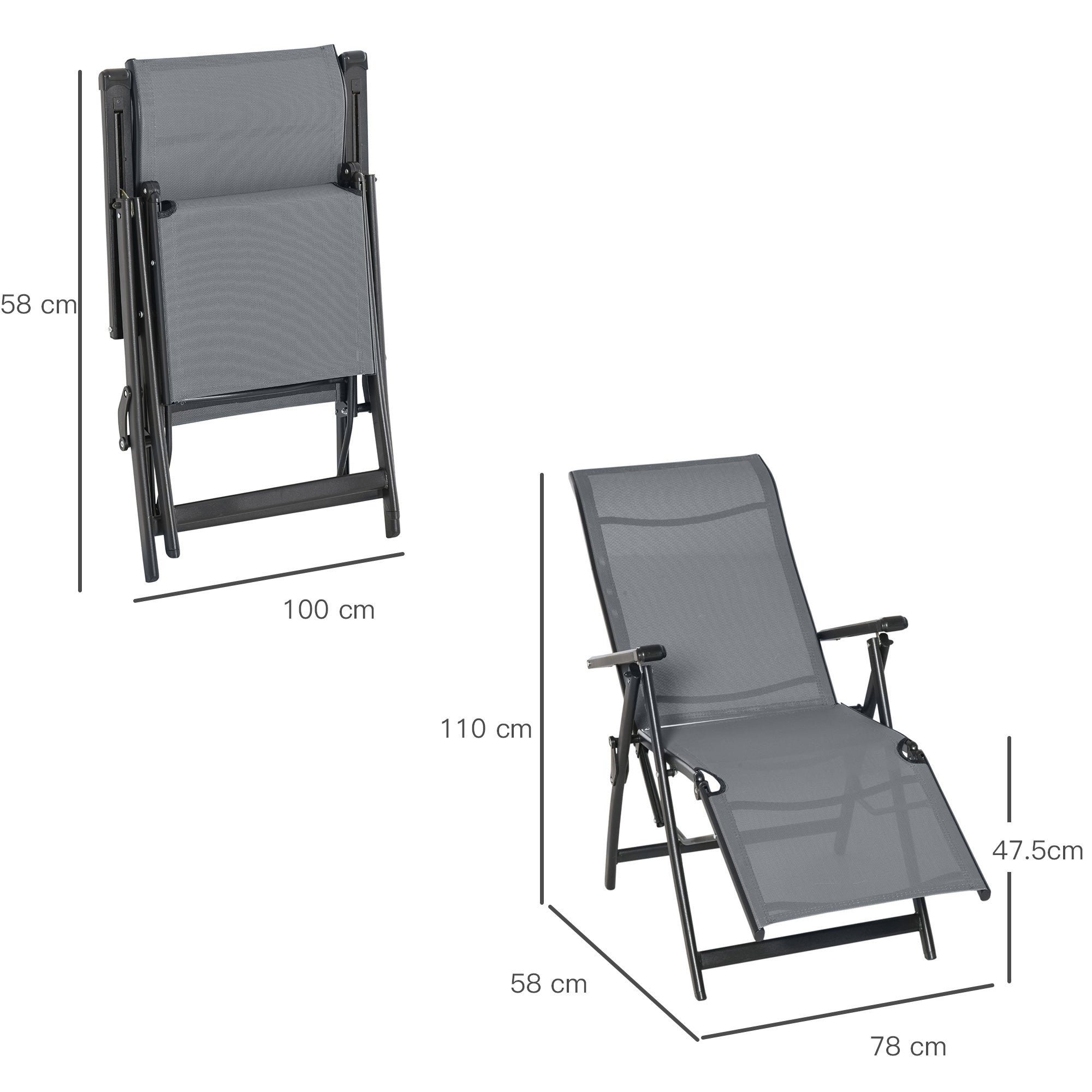 Set of 2 Outdoor Sun Lounger 10-Position Adjustable Reclining Chairs with Footrest, Texteline Grey
