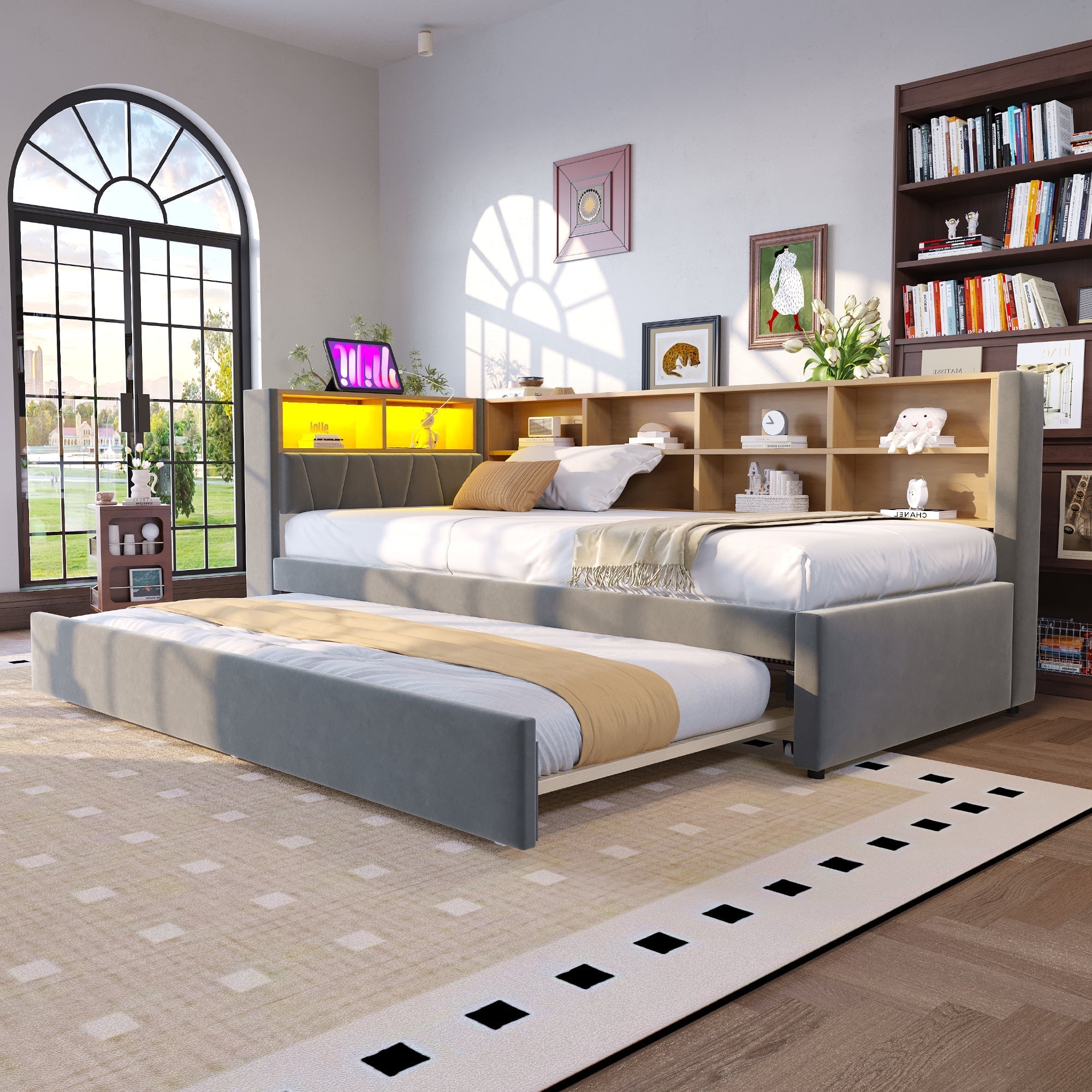 Sofa Bed 90x200 Pull-out LED Storage Flannel Dark Grey