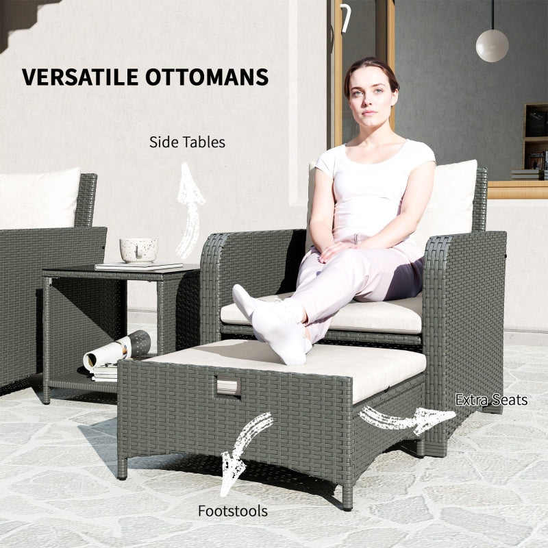 Five Piece Rattan Garden Furniture Set with 2-Tier Coffee Table and Ottomans Cream White