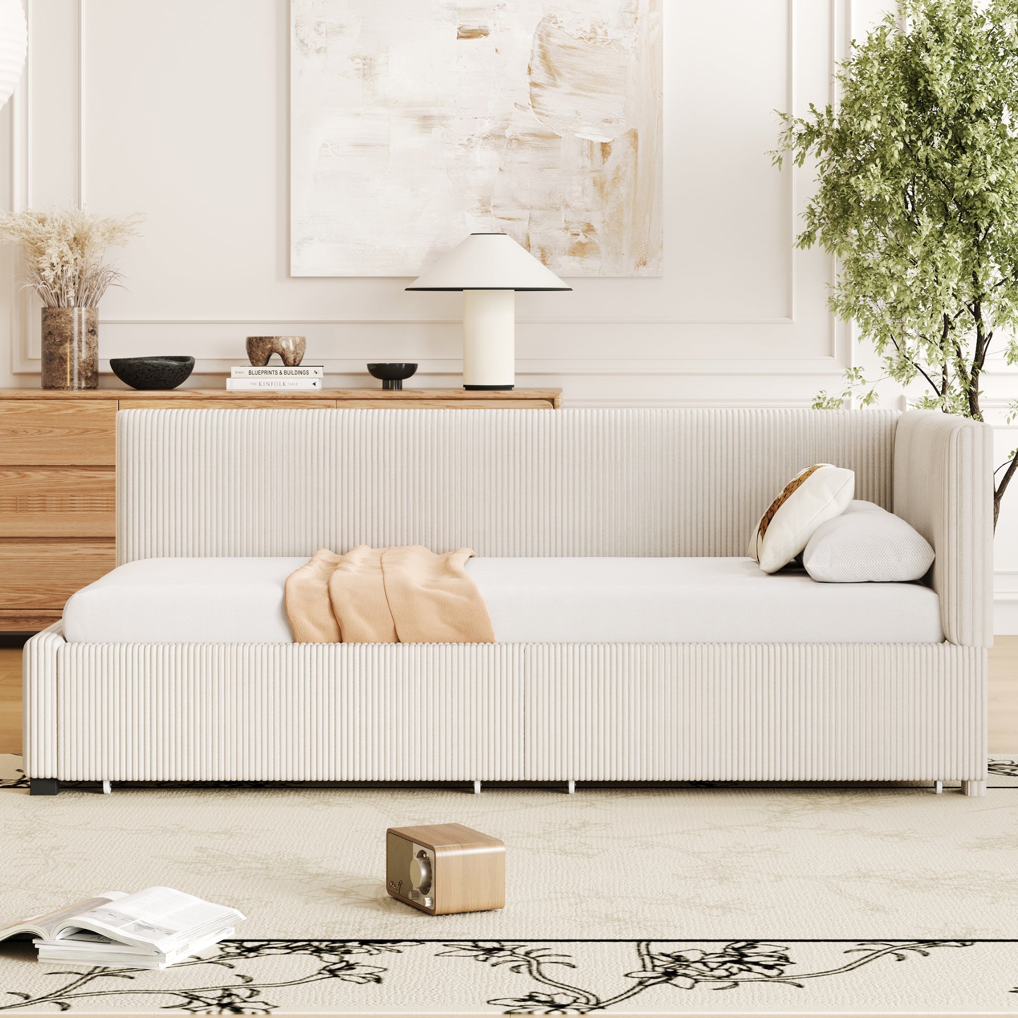 Upholstered Bed Sofa, 90x200 Multifunctional with Storage Drawers, Beige Velvet