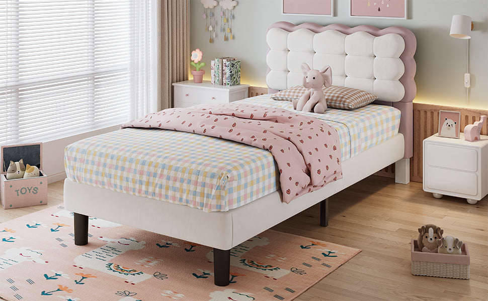 Upholstered Bed, Children's 3ft Single Biscuit Velvet Backrest, Beige+Pink