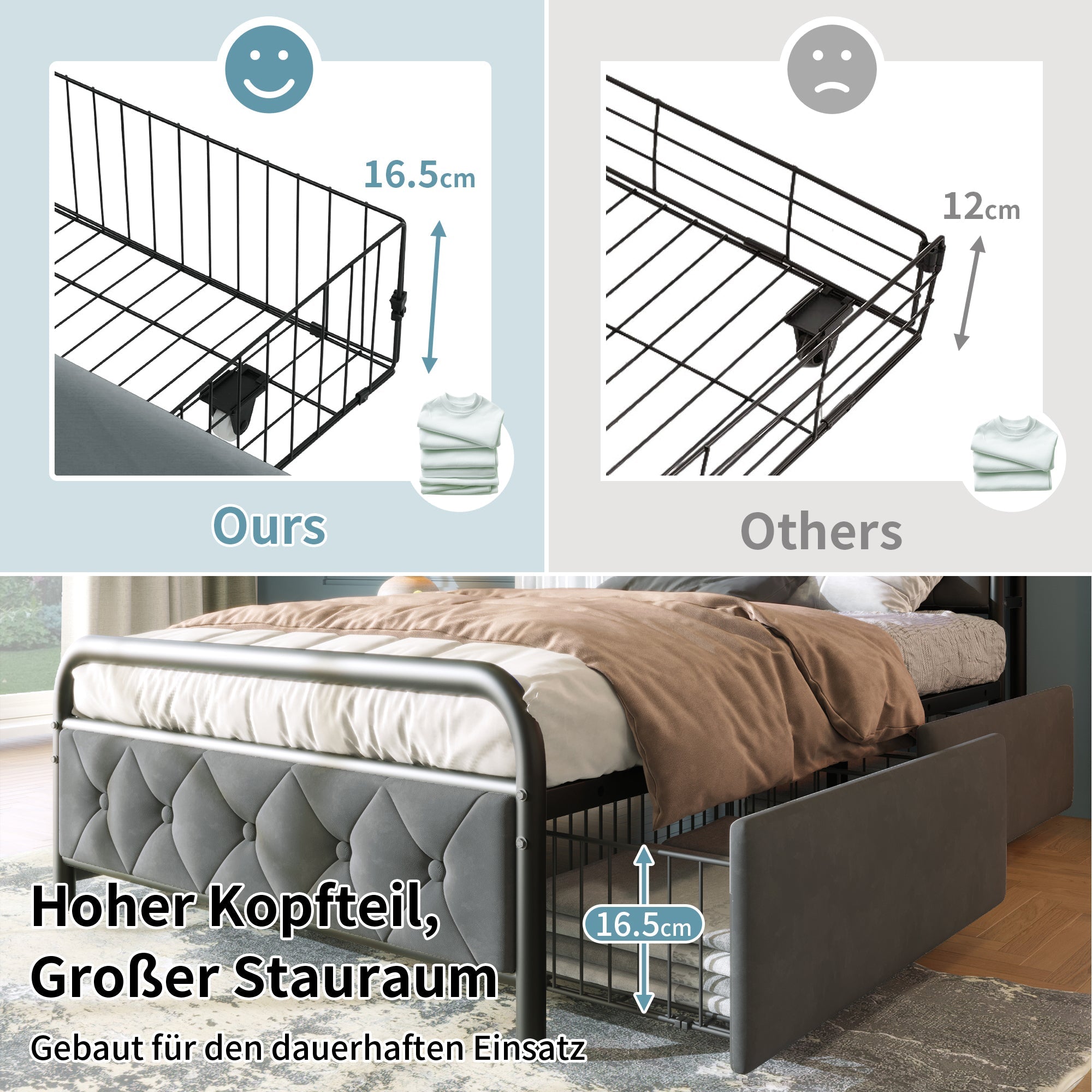 Upholstered Single Bed with USB Type C, LED & 2 Drawers, 90x200, Velvet