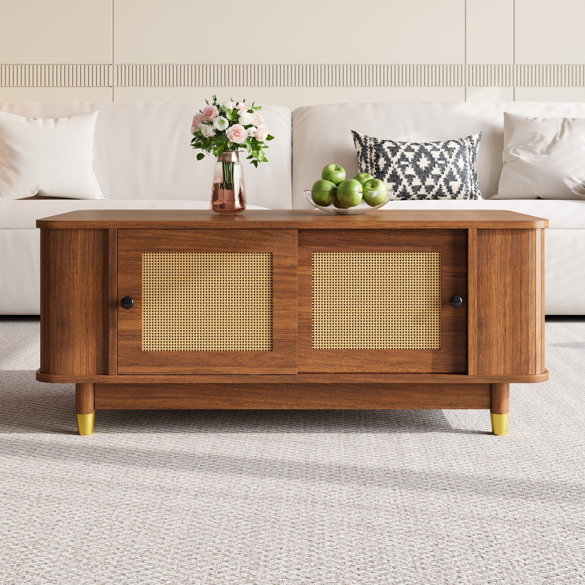 Coffee Table with Rattan Sliding Doors and Rounded Corners, Modern Wood Look MDF