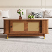 Coffee Table with Rattan Sliding Doors and Rounded Corners, Modern Wood Look MDF