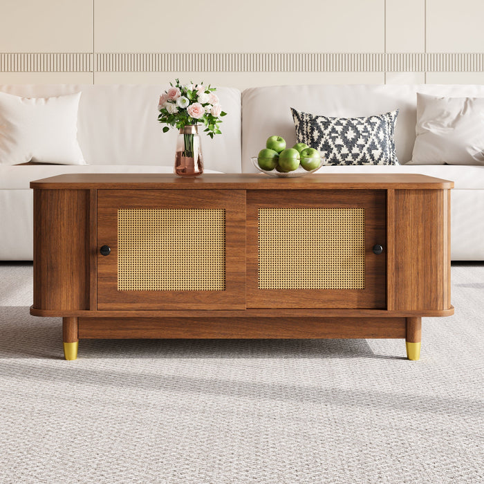 Coffee Table with Rattan Sliding Doors and Rounded Corners, Modern Wood Look MDF